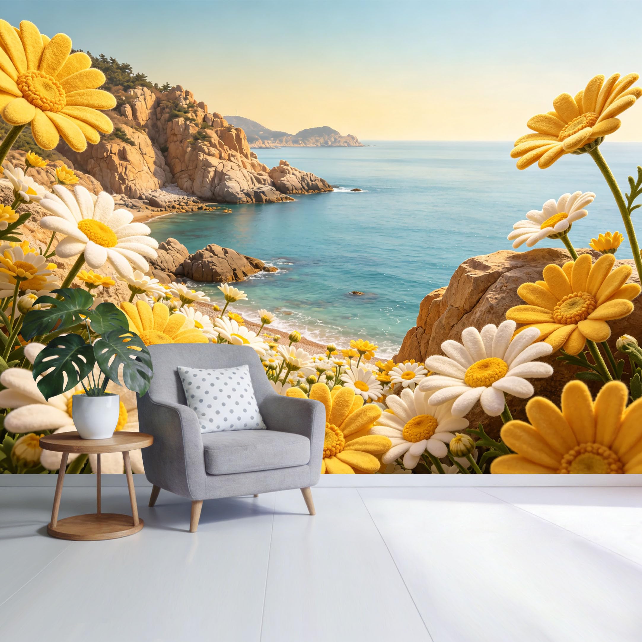 Custom Size Wall Mural Coastal Ocean Cliff View Yellow and White Daisy Floral Landscape SelfAdhesive Wall Fabric Removable Wallpaper for Home Office Decor