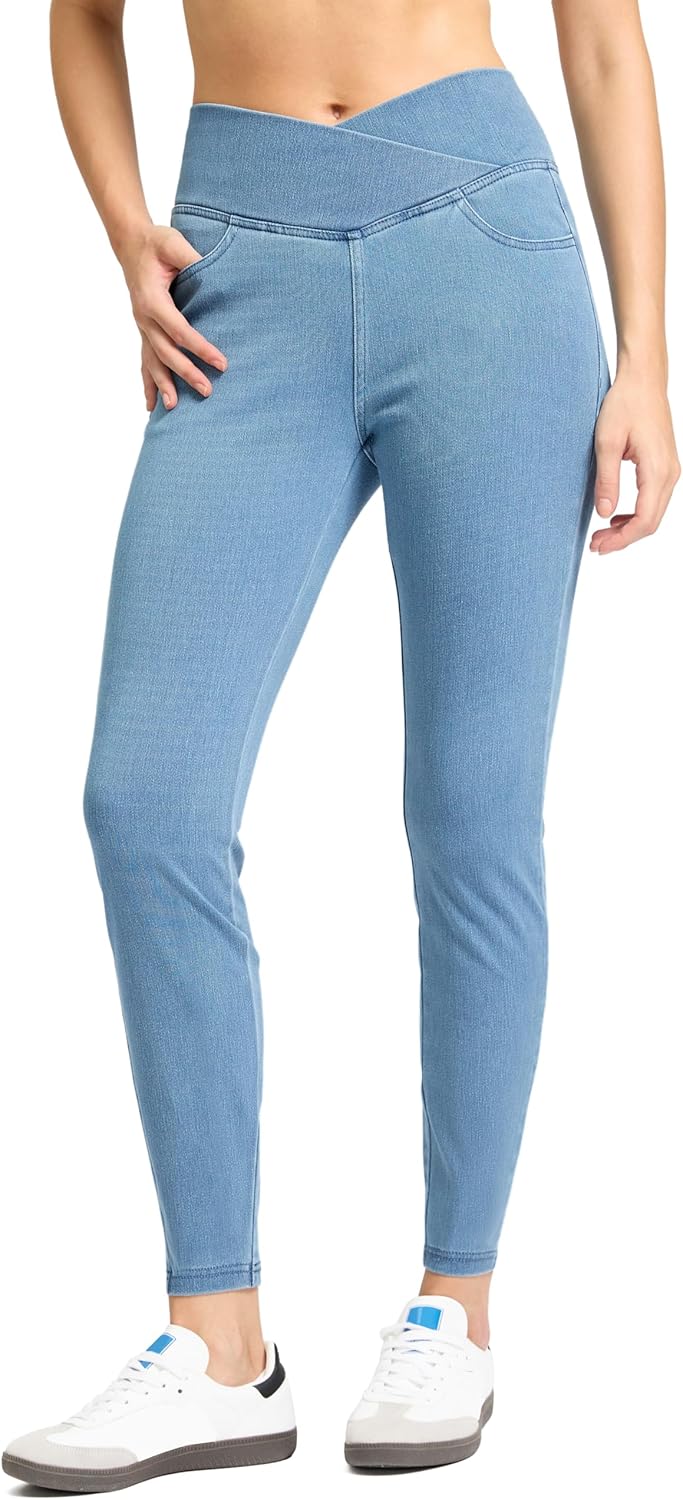 Rammus Pull on Jeggings for Women High Waisted Crossover Stretchy Skinny Jeans Tummy Control Denim Leggings