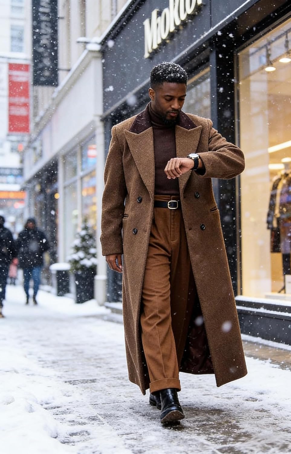 Man's Double Breasted Full Length Trench Coat Casual Notch Lapel Long Jacket Peacoat Wool Blend Winter