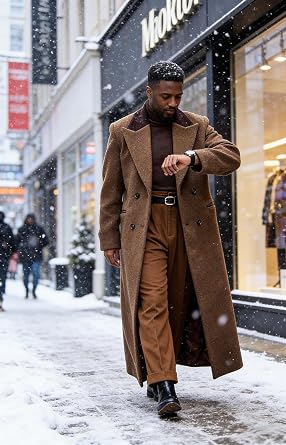 Man's Double Breasted Full Length Trench Coat Casual Notch Lapel Long Jacket Peacoat Wool Blend Winter