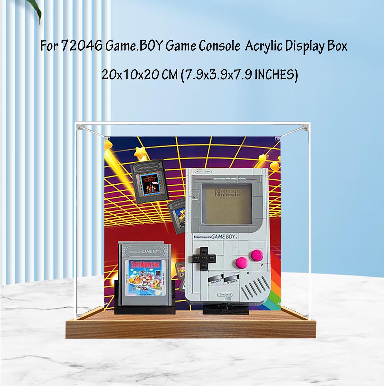 Acrylic Display Case for Lego 72046 Game.BOY Game Console Model, 3mm Dustproof Display Box, Display Case Compatible with Lego 72046 (Model Not Included) (Background Wood Base 3MM)