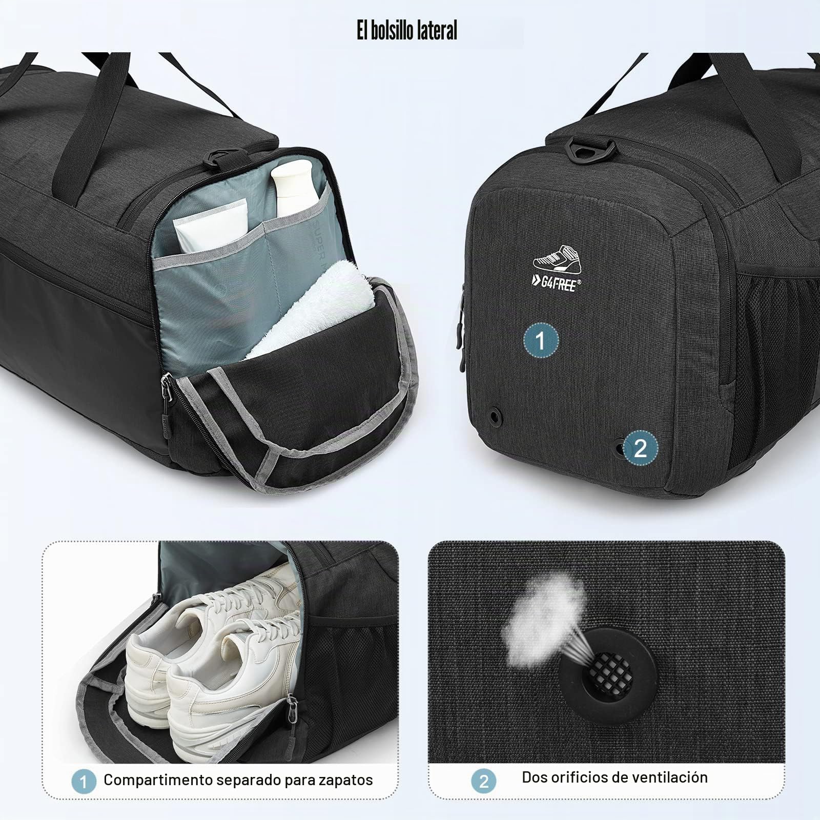 G4Free 45L/60L Bolsa de Deporte Grande & Bolsa de Viaje para Mujeres y Hombres/con Compartimento para Zapatos y Compartimento Húmedo Mochila Gimnasio para la Escuela, Deportes, Fitness y Viajes