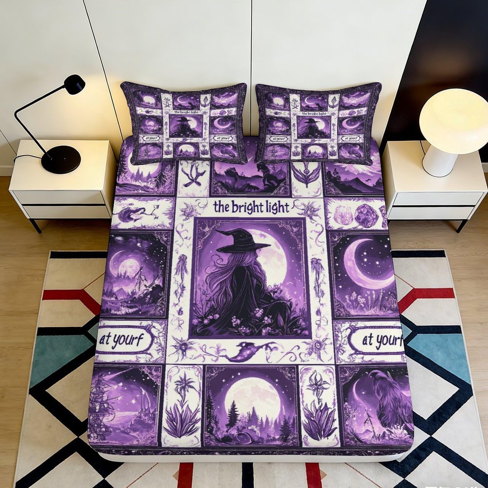 3D Printed Witch Moon Fitted Sheet Microfiber Purple Gothic Cat Bed Cover for Bedroom Guest Room Mattress Decor 90x200x25cm