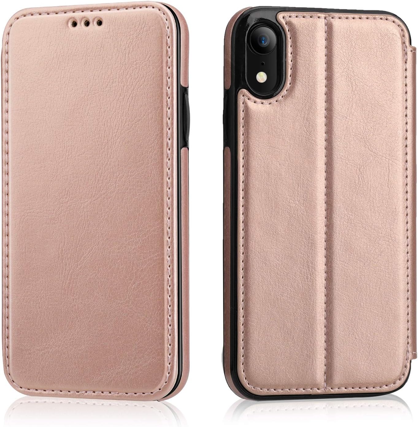 iPhone XR Flip Case with Wallet Card Holder, OT ONETOP Premium PU Leather Hidden Magnetic Closure Kickstand Protective Cover Case Compatible with iPhone XR 6.1 Inch - Rose Gold