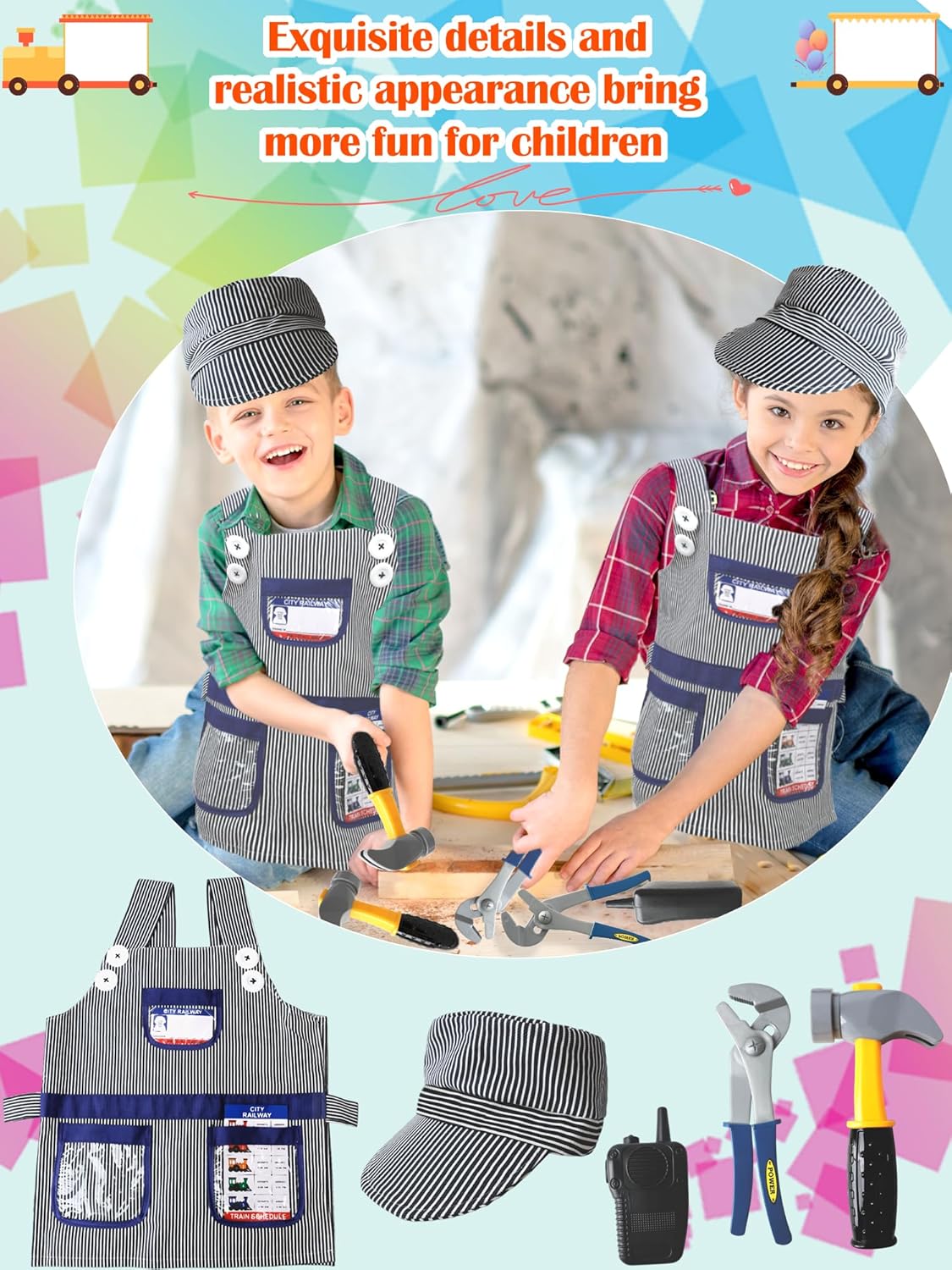 7 Pcs Kids Train Engineer Costume Set Train Conductor Outfit Conductor Cap Train Conductor Dress Up Kit for Kids Halloween Role Play Career Day Pretend Party Cosplay - Image 5