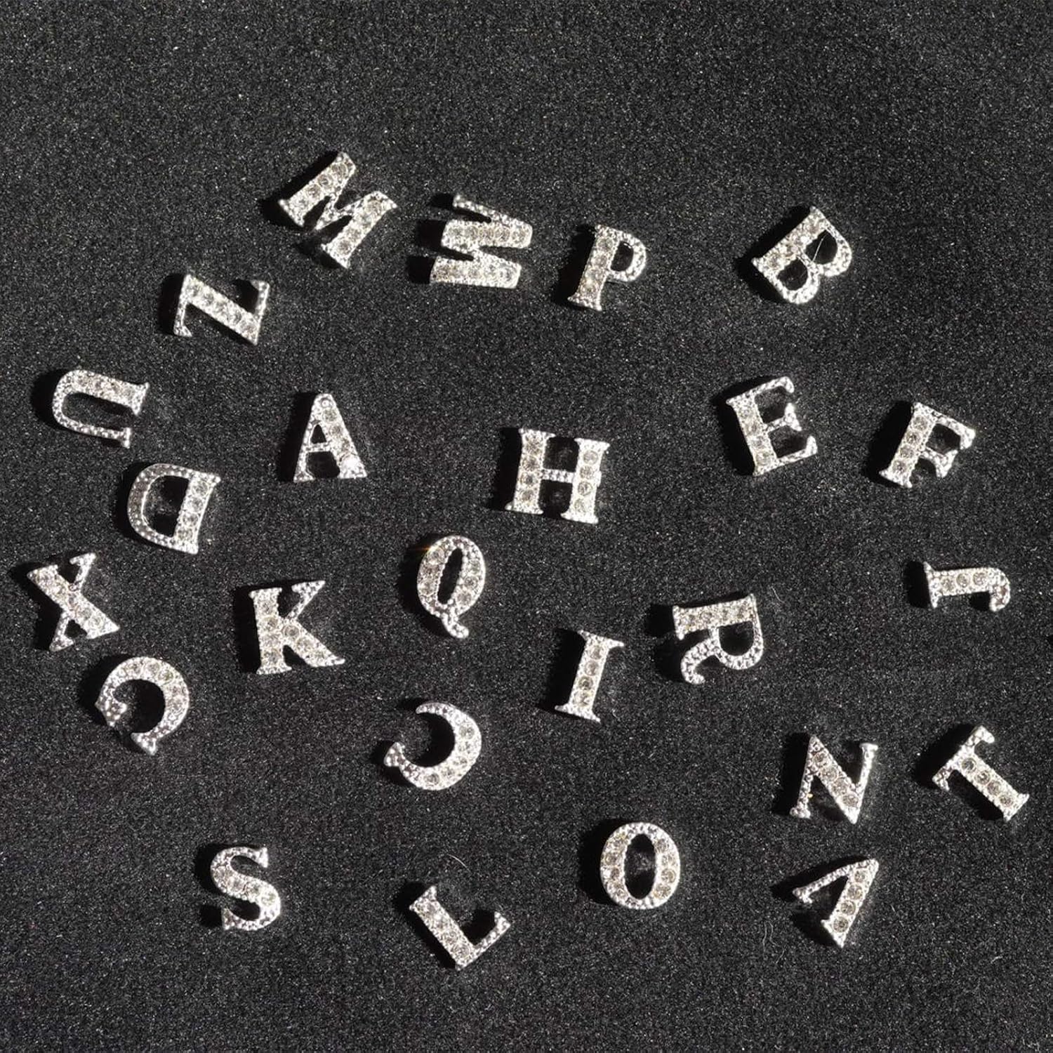52 Pcs 3D Silver Nail Charms Letters Initial Charms for Nails Nail Letter Charms Alphabet Rhinestone Letter Nail Charms for Nail Art Design Decoration DIY Craft
