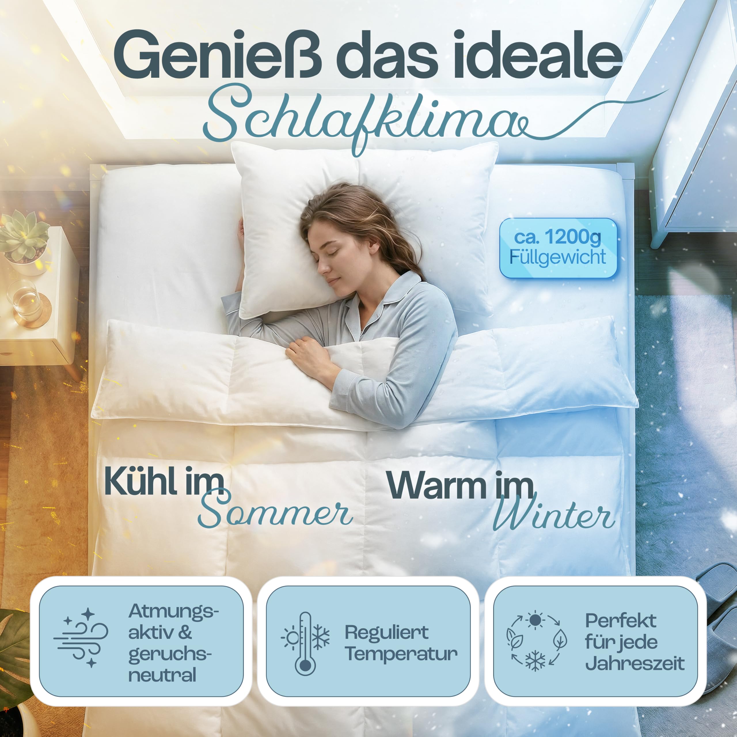 Daunendecke 135x200 Ganzjahresdecke Bettdecke Duvet | Mit 100% Daunen & Federn, 100% Baumwollbezug, Oeko-Tex geprüft, atmungsaktiv & allergikerfreundlich, DE-zert.