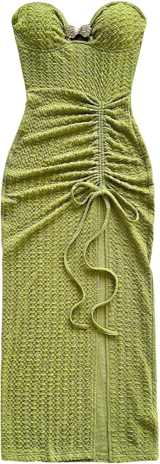 GORGLITTER Women's Strapless Backless Bodycon Maxi Tube Top Dress Bow Summer Graduation Wedding Guest Cocktail Sundress