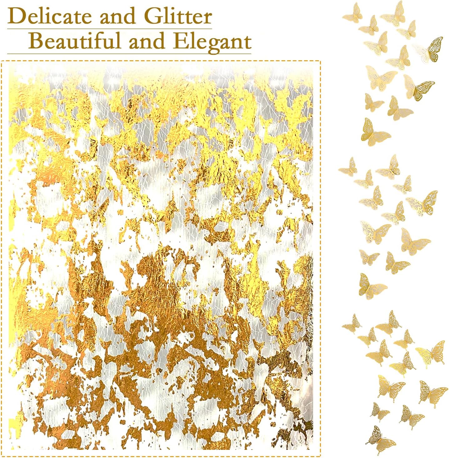 Gold Table Runner,12 Pack 11 Inch x 108 Inch, Glitter Metallic Mesh Table Runner Roll with Butterfly Decoration for Wedding Decorations, Bridal Shower, Baby Shower, Birthday Party