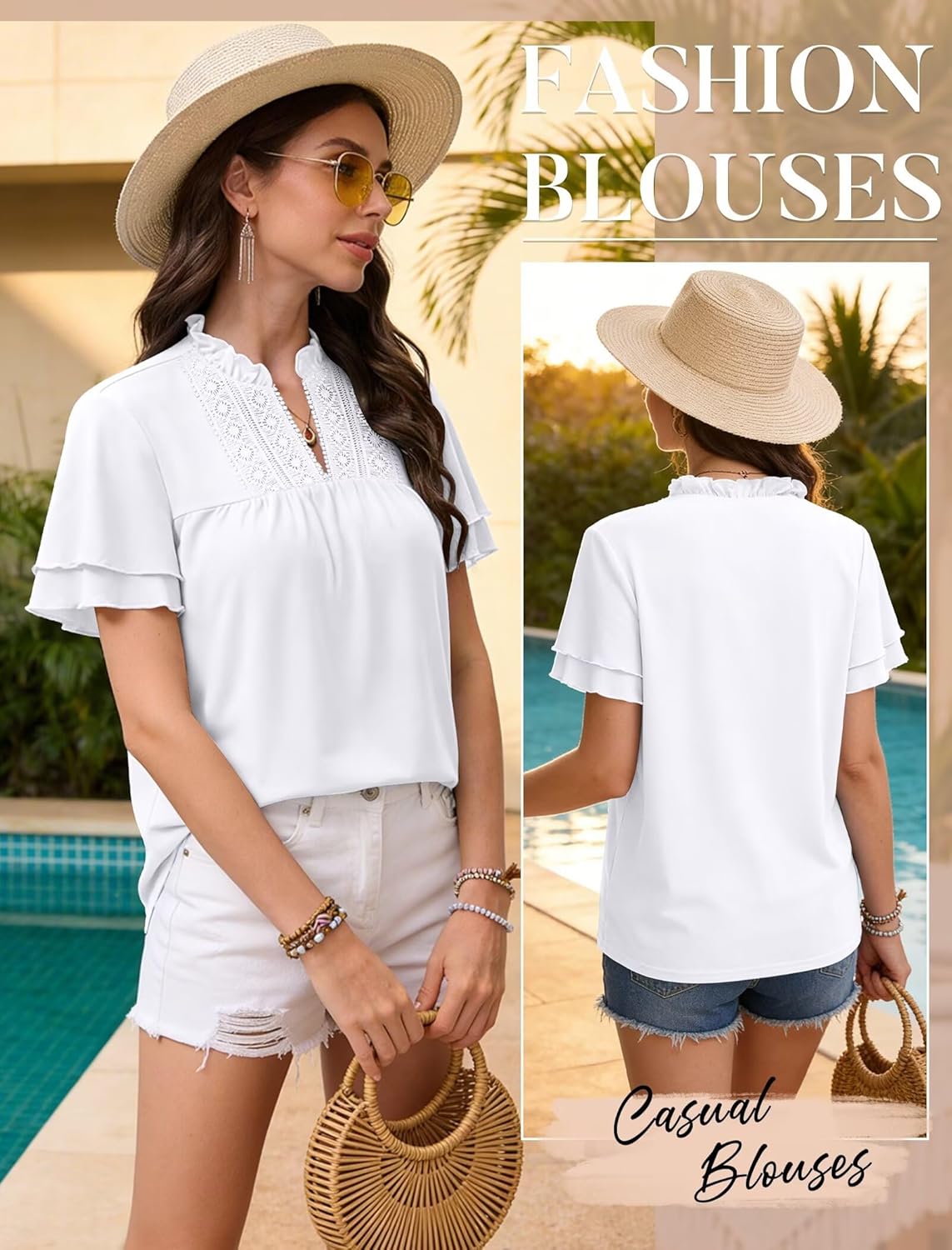 KKJ Womens Tops Lace V Neck T Shirts Ruffle Short Sleeve Blouses 2026 Summer Spring Cute Boho Beach Vocation Trendy Clothing - Image 4