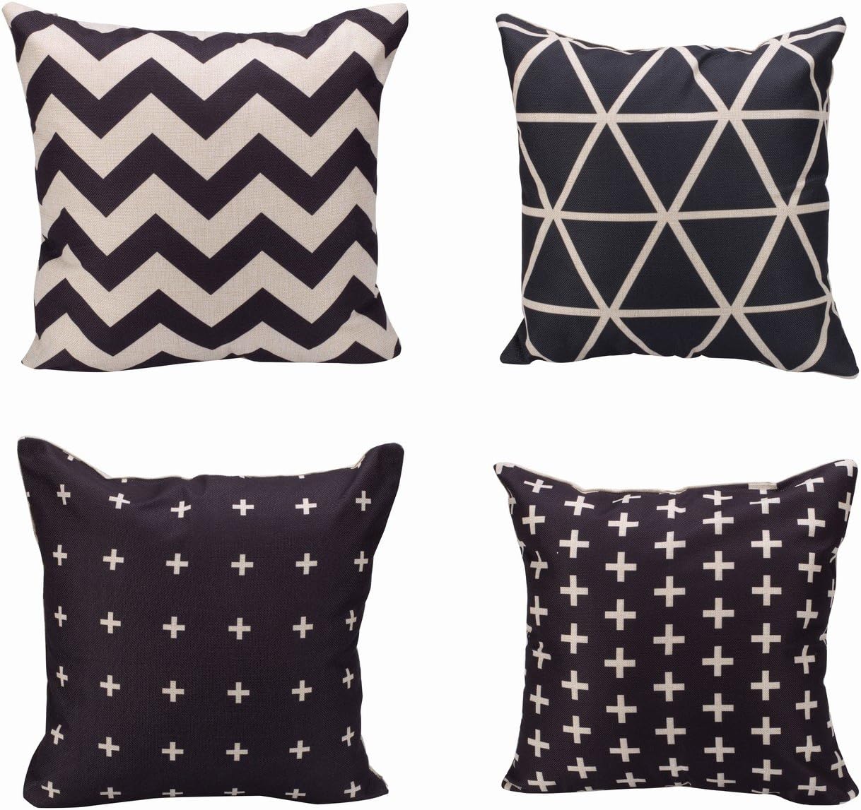 ENCOFT Alicemall Black and White Series 4 Pieces Throw Pillow Covers Geometric Style Decorative Sofa Couch Cushion Covers, 18 x 18 inch, NO Inserts (45cm x 45cm) (1 Triangle, 1 Chevron, 2 Plus Sign)
