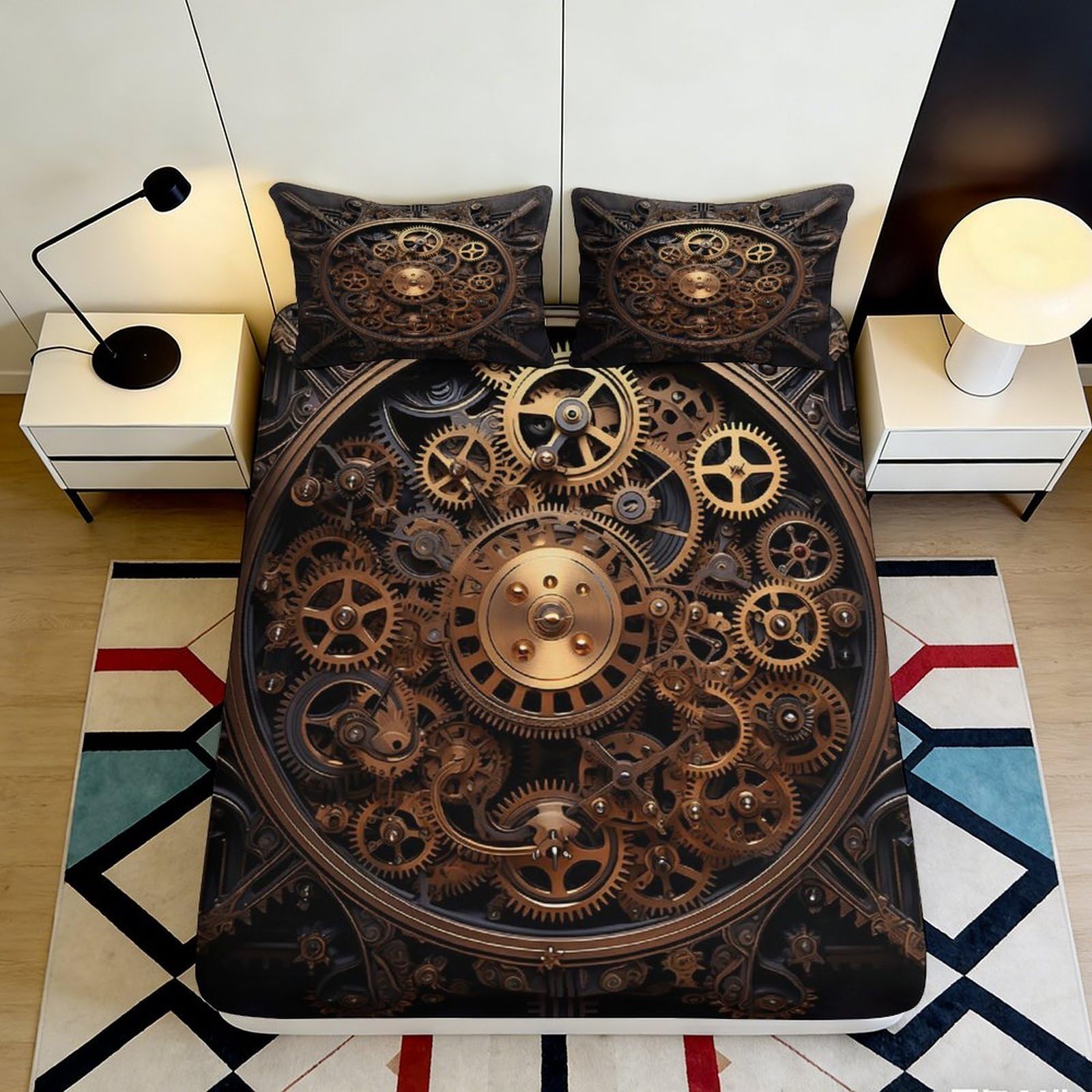 Pnayamiorkfel Style-4 3D Printed Steampunk Gear Fitted Sheet Microfiber Anti-Slip Machine Washable Clockwork Bed Cover For Bedroom Decor 90X200x25cm
