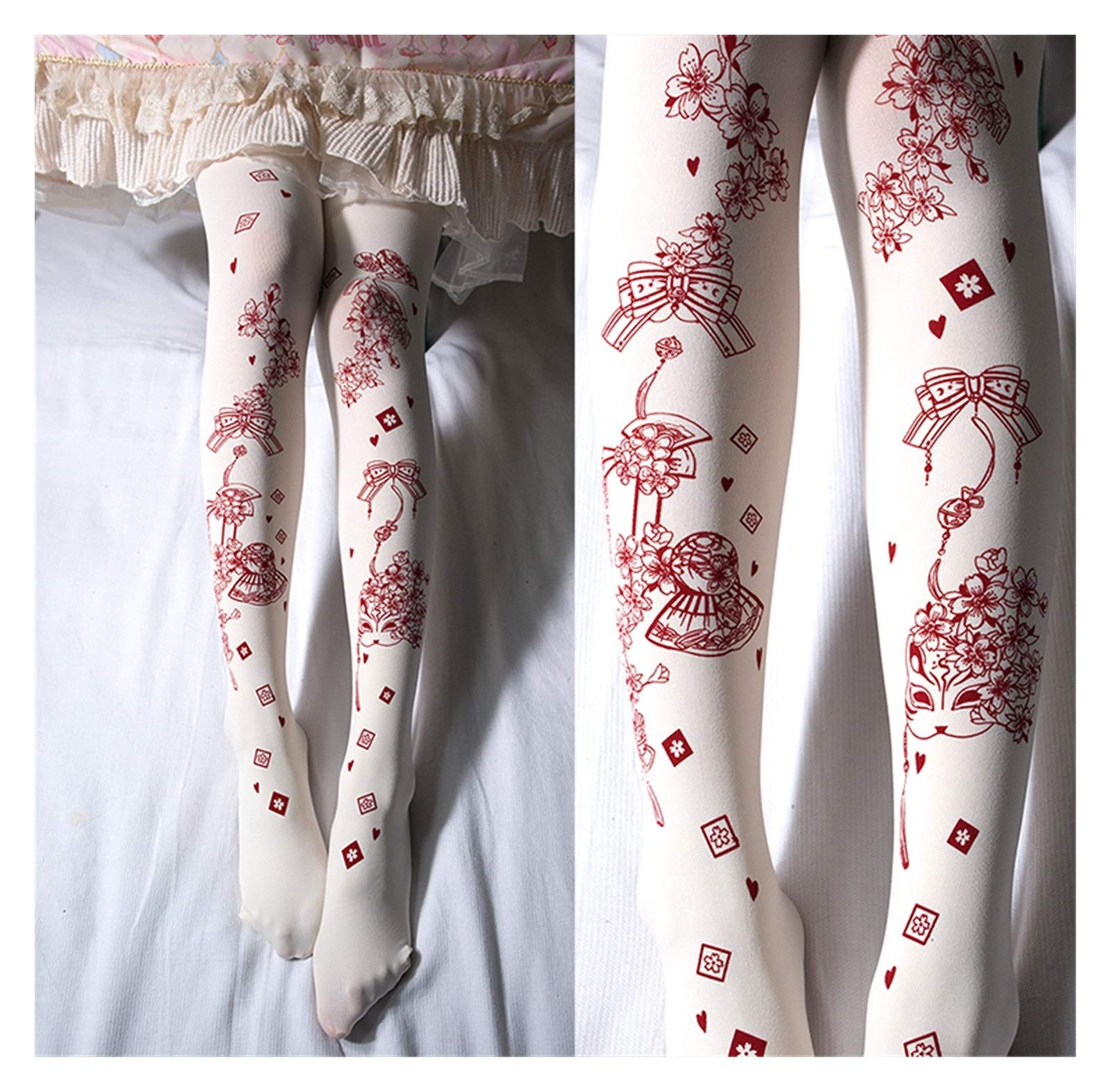 Lolita Und Wind Geschichte Gold-Socken Printed Body Strümpfe Mädchen-Gamaschen-Socken Warm (Color : Printed red, Size : One Size)