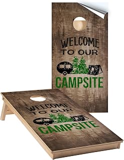 Cornhole Wraps #439 - Welcome to Our Campsite Cornhole Game Graphic Decals - Includes Application Squeegee - Set of (2) 25" x 49" Wraps with Gloss Laminate
