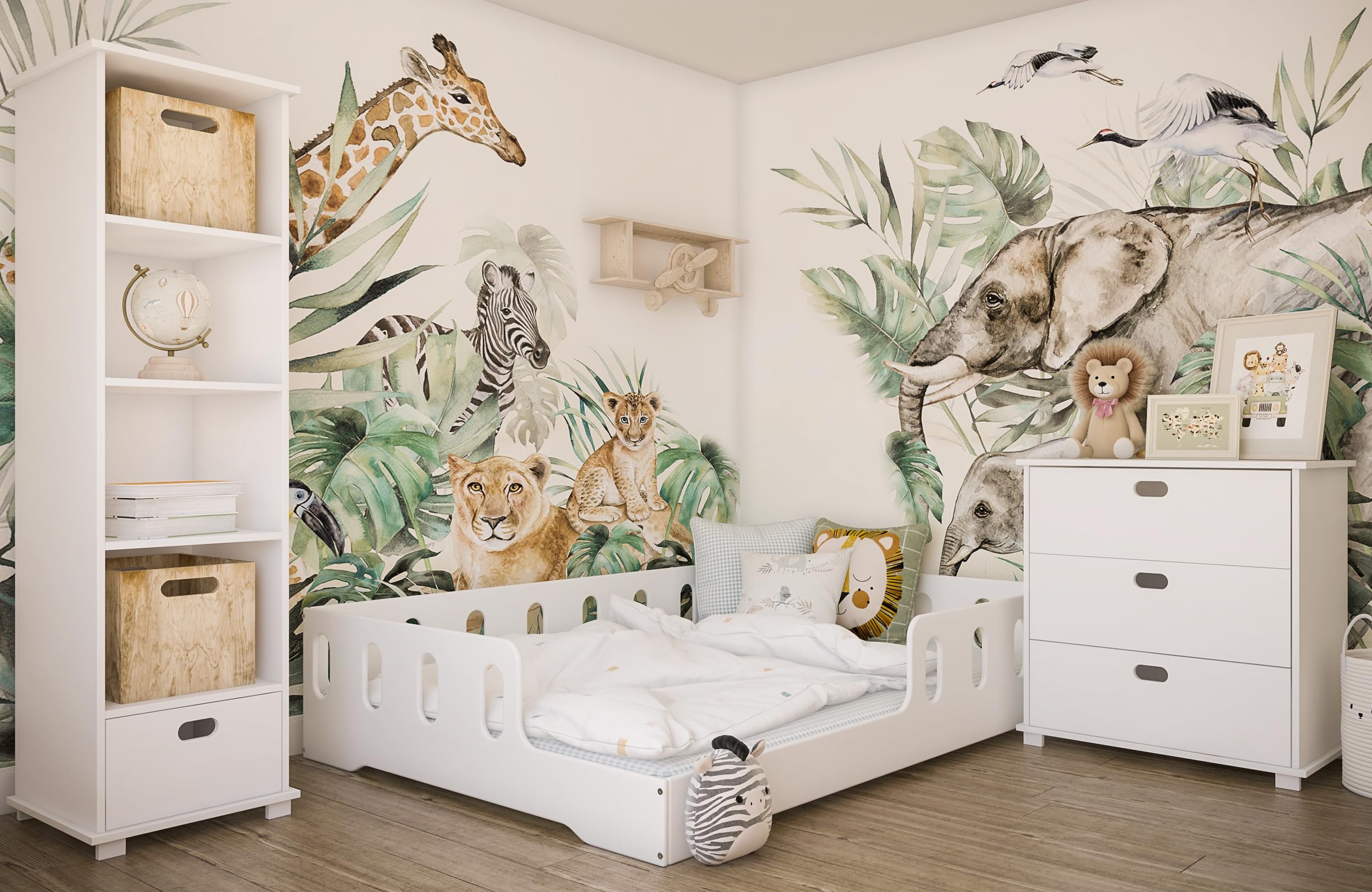 Lit De Sol Montessori Kids Collective - 140x200 Cm, Avec Barrière Anti-chute Amovible Et Sommier à Lattes - Blanc