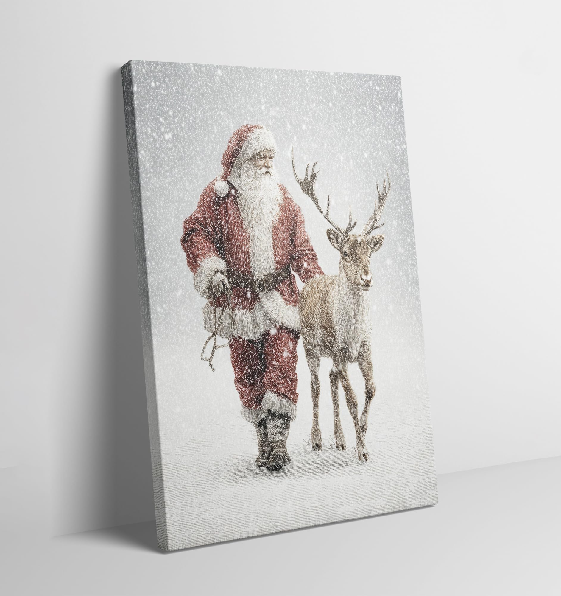 Vintage Santa and Elk Christmas Canvas Winter Wildlife Wall Art Merry Xmas Painting for Living Room Bedroom and
