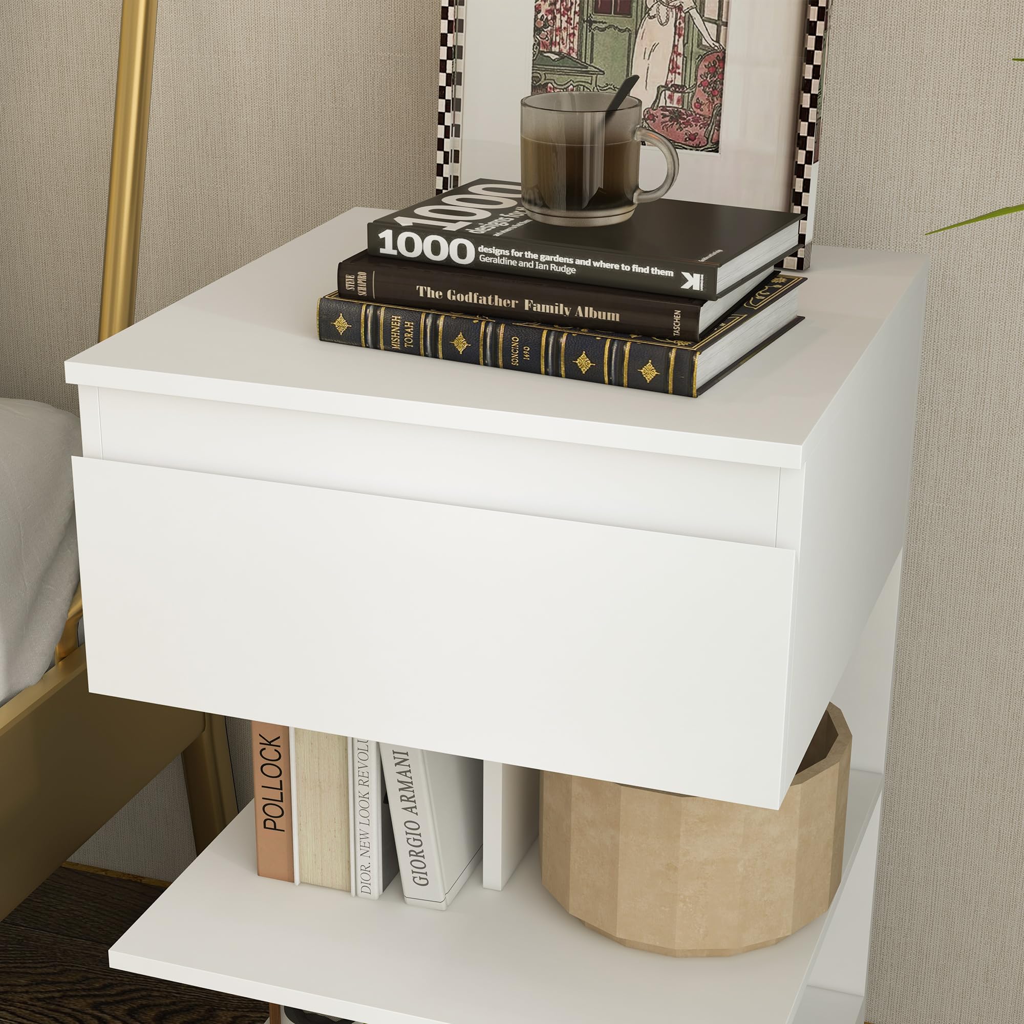 HOMCOM Mesita de Noche Mesa Auxiliar con Cajón para Cama 39x39x65 cm Blanco | 2 Estantes Abiertas, Dormitorio Salón Oficina, Estilo Moderno
