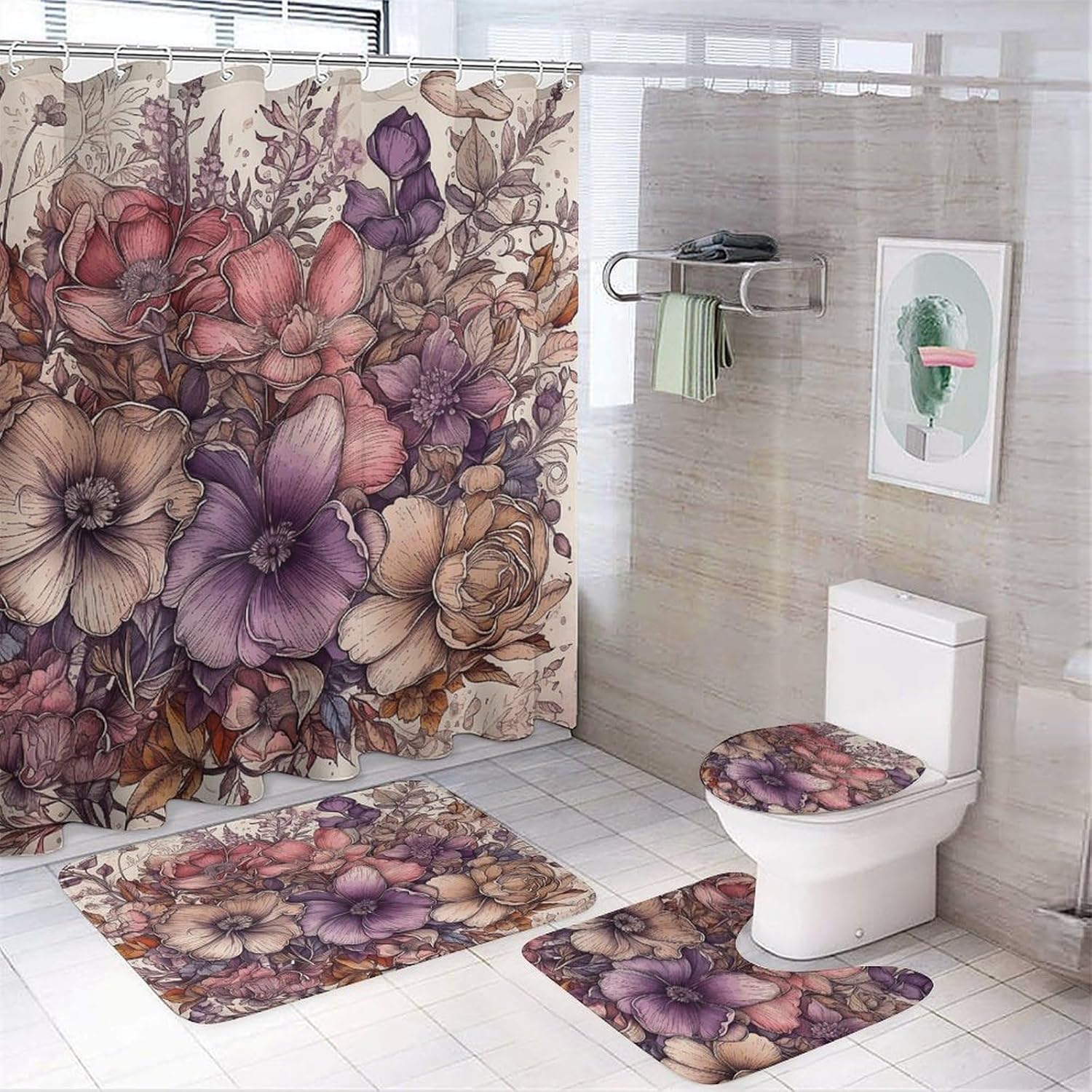 Floral Design Pattern 4Pcs Shower Curtain Set with Non-Slip Rugs, Toilet Lid Cover and Bath Mat,Bathroom Set Decor Accessories,Curtain Set with 12 Hooks, 72 X 72 Inch