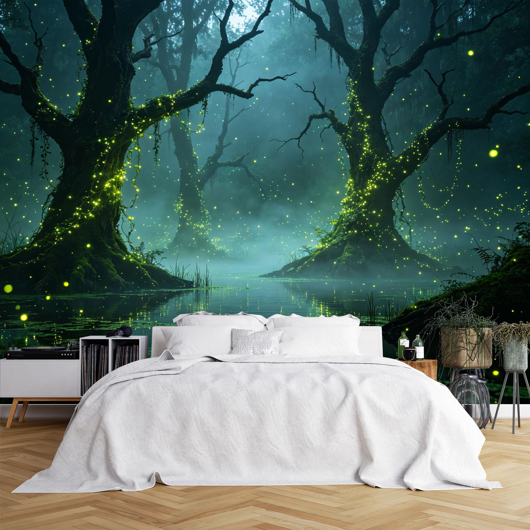 Custom Size Wall Murals Misty Forest Firefly Lake Realistic Wall Murals Self-Adhesive Wall Fabric (NO PVC) Removable Wallpaper for Entryway Cafe