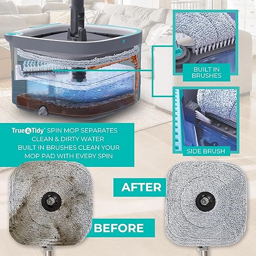 Miniatura 2 de True & Tidy True Clean - Sistema de trapeador giratorio y cubo, diseño de doble compartimento para agua limpia y sucia, cabezal giratorio de 360°
