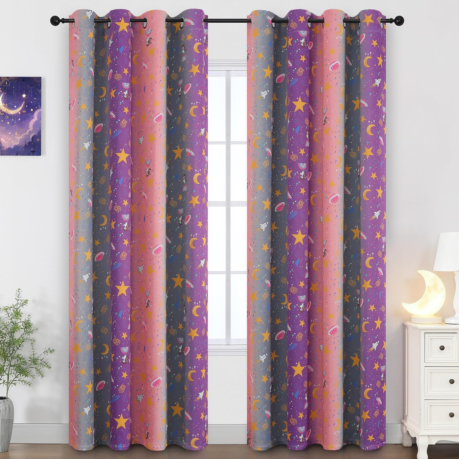Pink Purple and Grey Room Darkening Curtains 84 Inch Long for Girls Bedroom