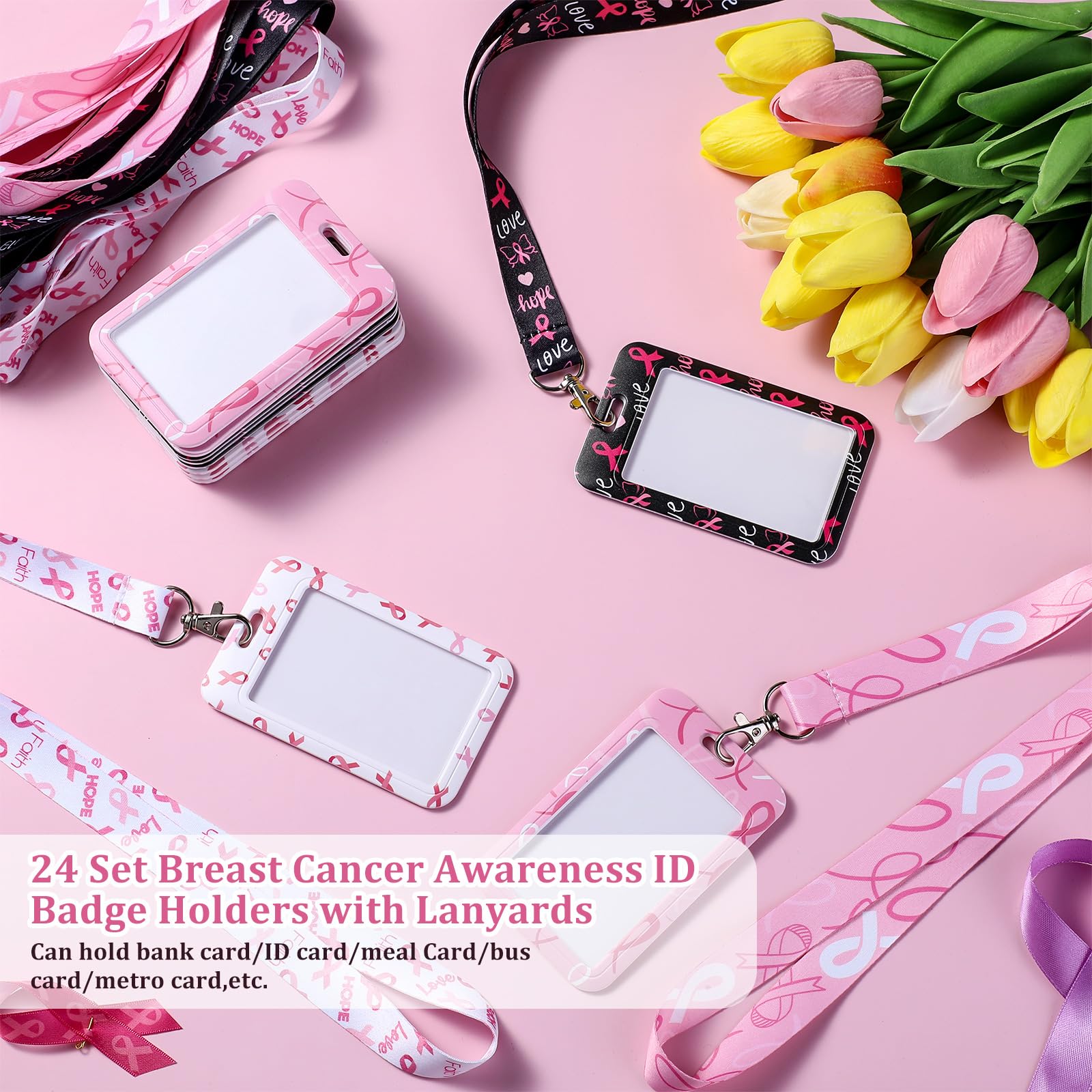 Qilery Set di 24 porta badge per la sensibilizzazione al cancro al seno, con cordini, nastro rosa, porta badge per donne, ragazze, sopravvissute al cancro, regali per eventi pubblici