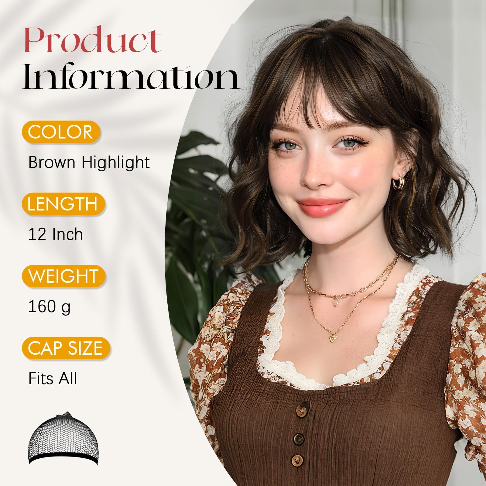 Sofeiyan Kurze Gewellte Bob Perücke mit Pony Damen 30 cm Braun mit Highlights Synthetische Perücke für Frauen Natürliche Lockige Perücke für Cosplay Alltag Party Halloween