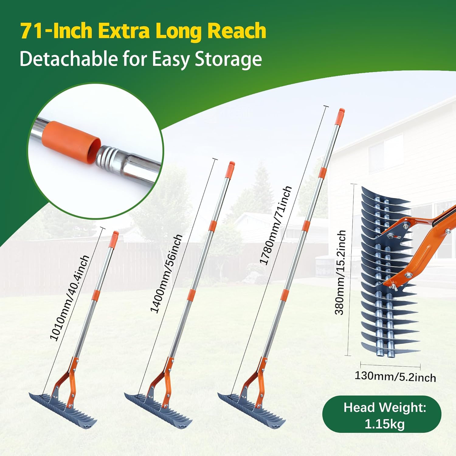 Thatch Rake – 74-Inch Heavy Duty Metal Rake with Hardened Steel Tines for Efficient Lawn Thatch and Dead Grass Removal, Detachable Handle Manual Dethatcher Rake for Yard and Landscape Maintenance