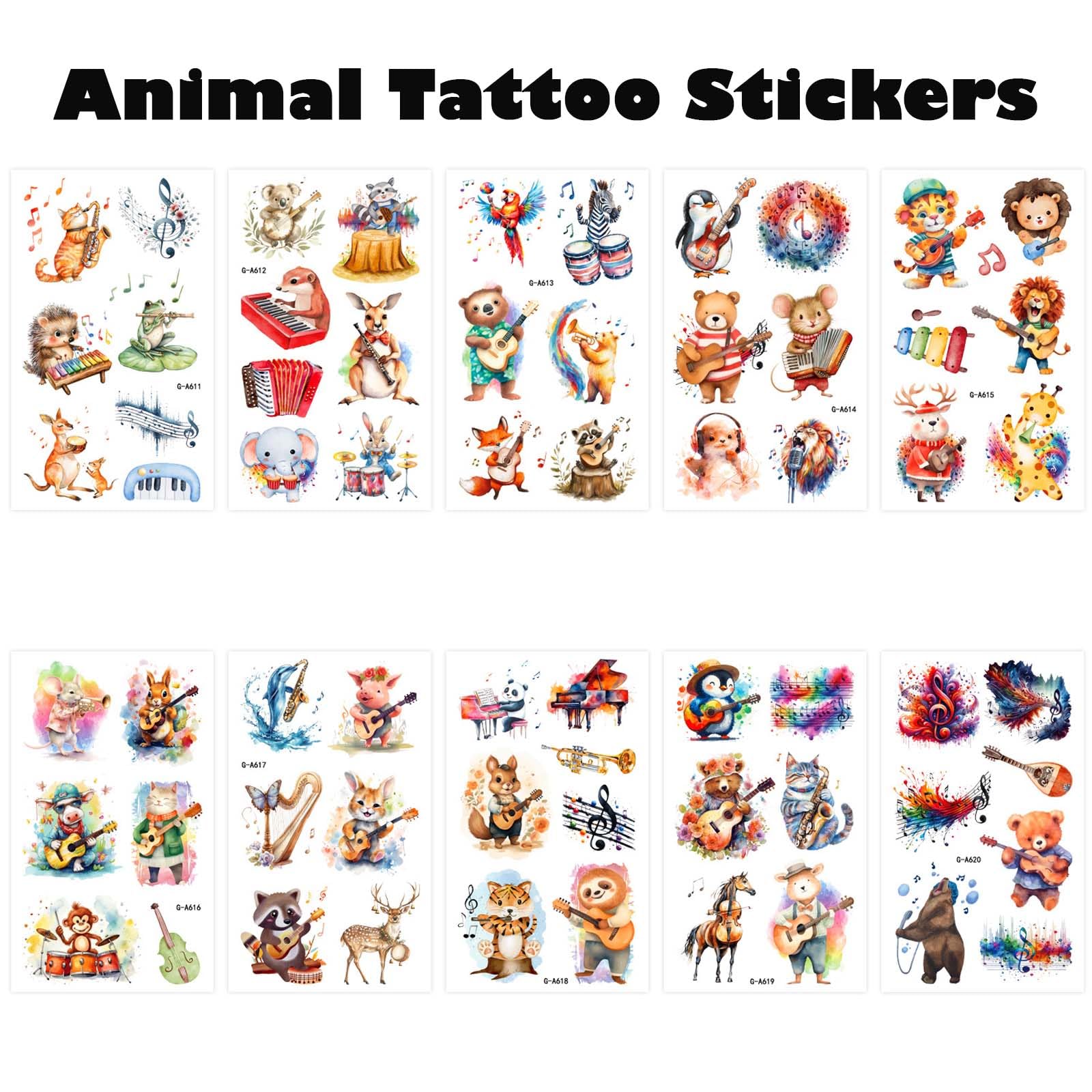 10 Fogli Set di Tatuaggi Temporanei Animali, Acquerelli Animali