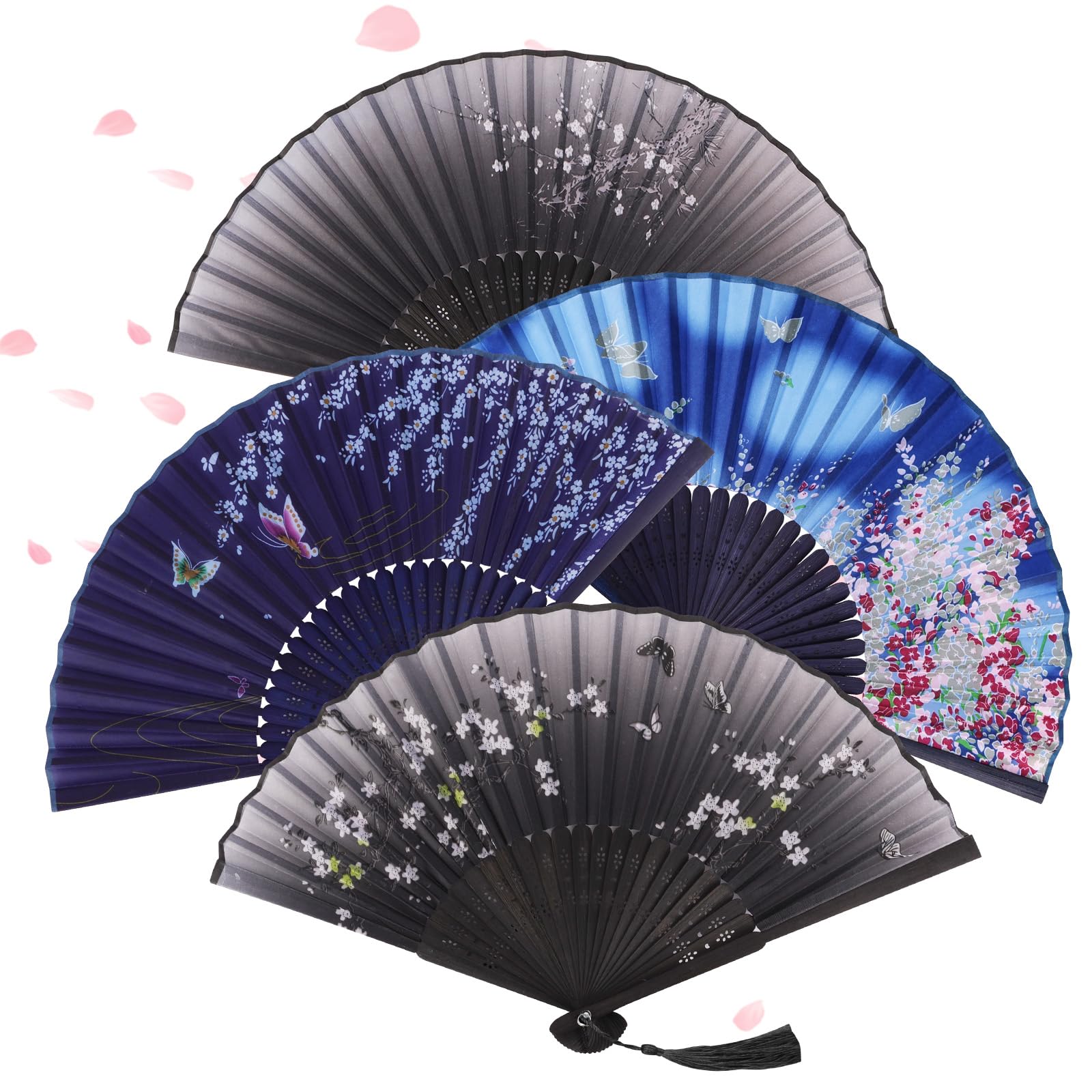 Alaoo Folding Fans, 4Pcs Handheld Fan Fabric Manual Fan Chinese Fans with Tassel for Birthday Gifts Dancing Cosplay Wedding Party Props Decoration(A Blue+White+Purple+Gray)