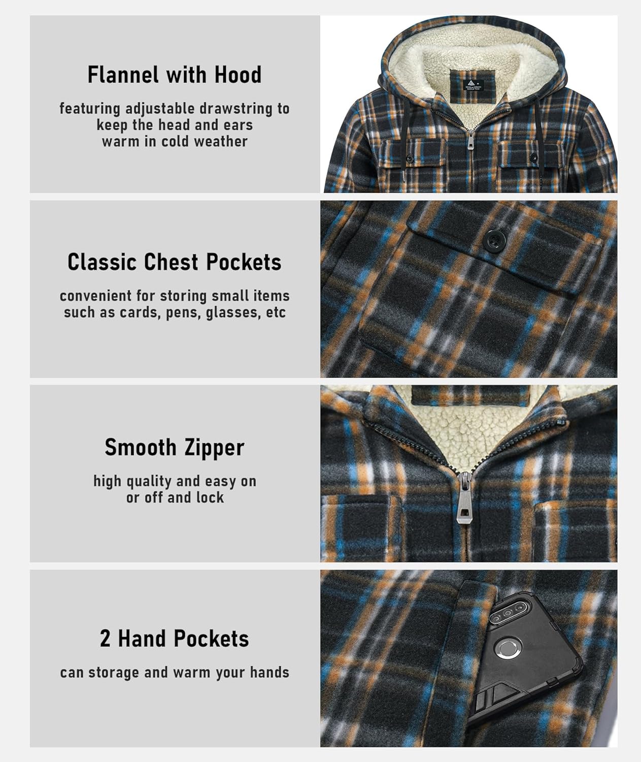 GEEK LIGHTING Men's Flannel Shirts Jacket Sherpa Lined Fleece Plaid Hoodie Long Sleeve Winter Warm Coat - Image 4