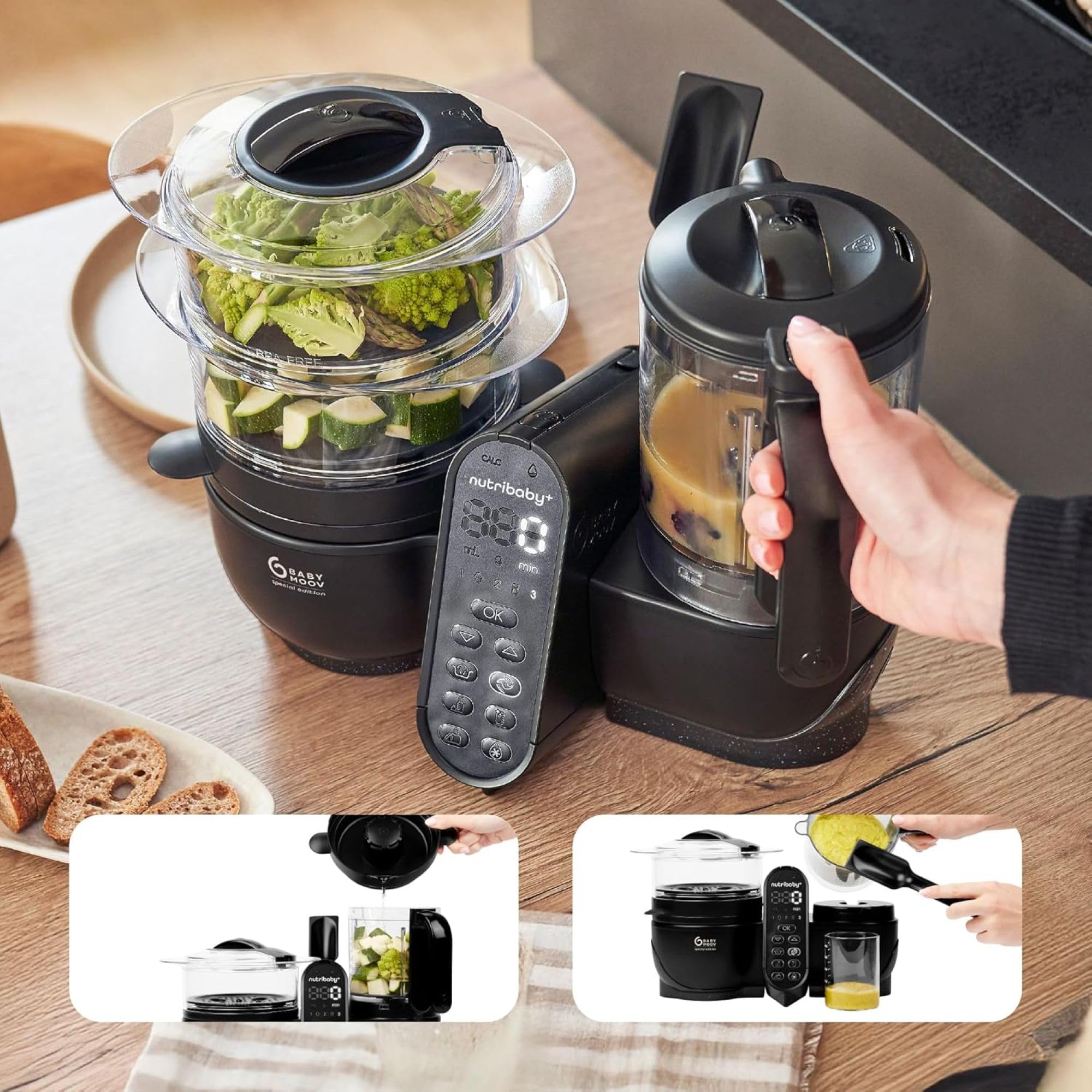 Babymoov Nutribaby (+) XL Robot Cooker, duża pojemność 2,9 l, do 14 posiłków w 1 cyklu, 6 funkcji w 1-2 koszach na parze - dywersyfikacja żywności - mikser dla niemowląt, czarny