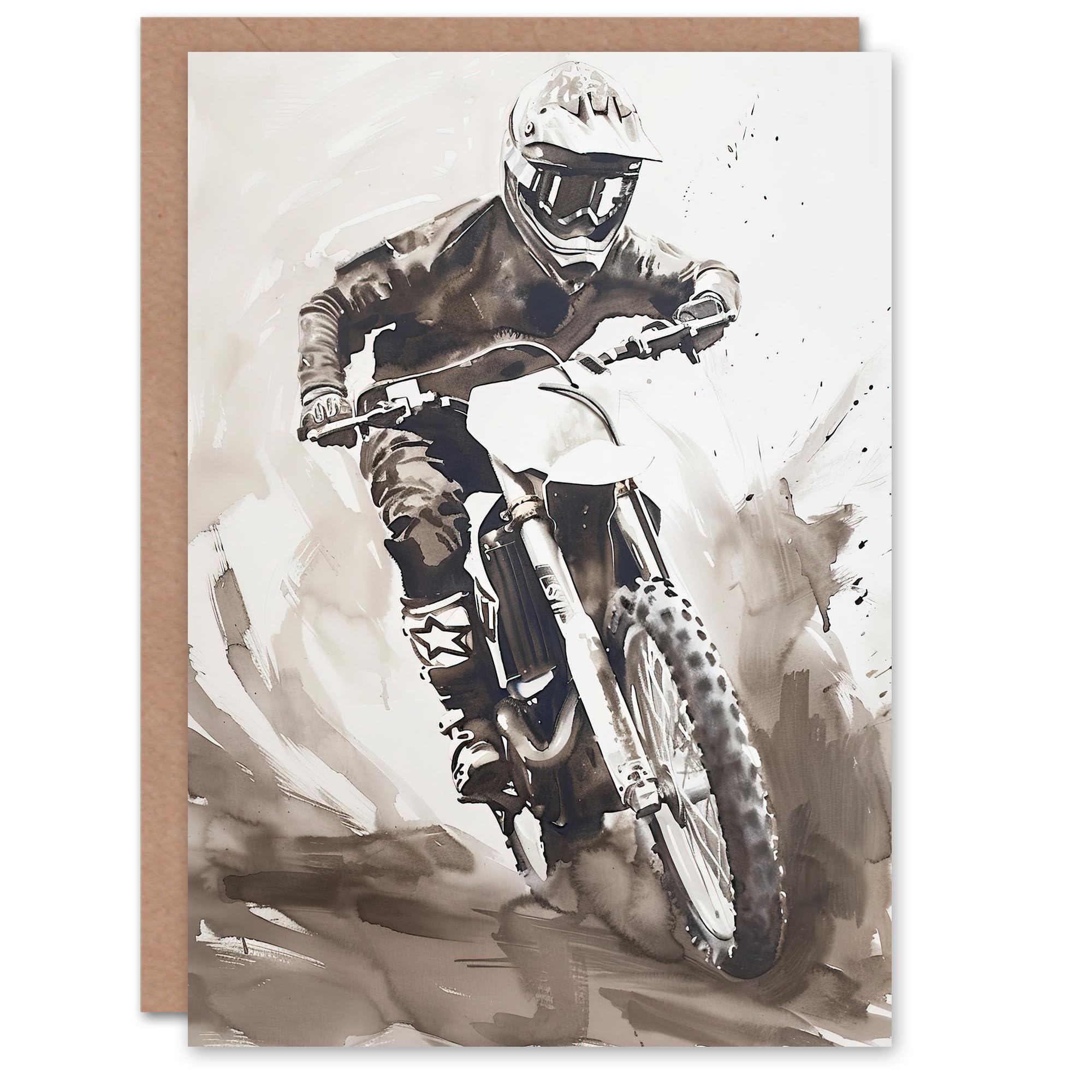 Artery8 Greeting Card Pro Motocross Race Racing Black White Watercolour For Him Man Birthday Card