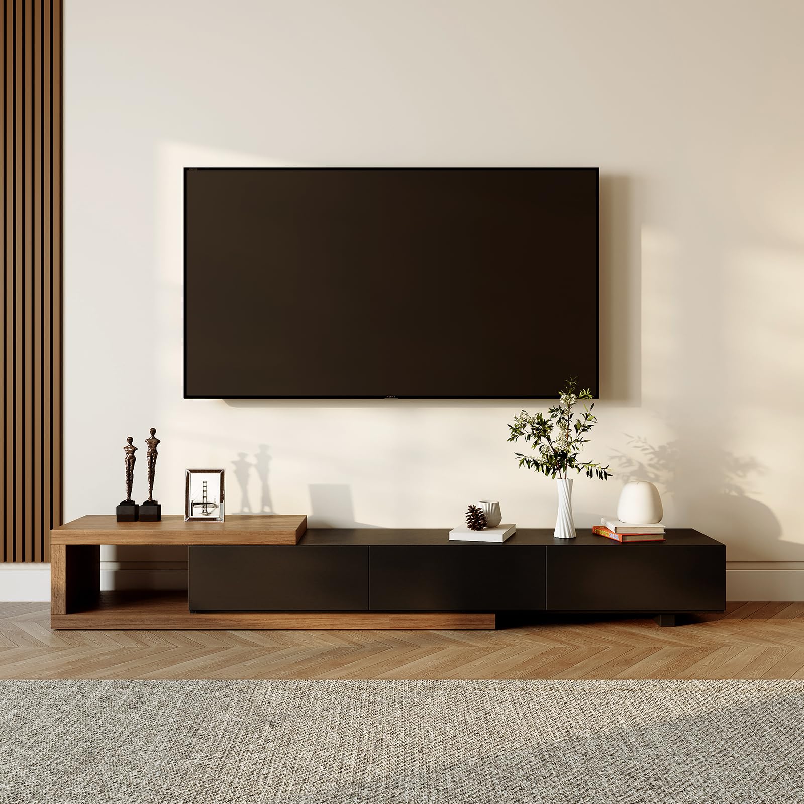 POVISON 71"-98" Extendable TV Stand with Storage Black Solid Wood TV Media Console Full Assembled 65" 75" TV Stand Modern Retractable Entertainment Center Low Walnut Wood Vennered MDF