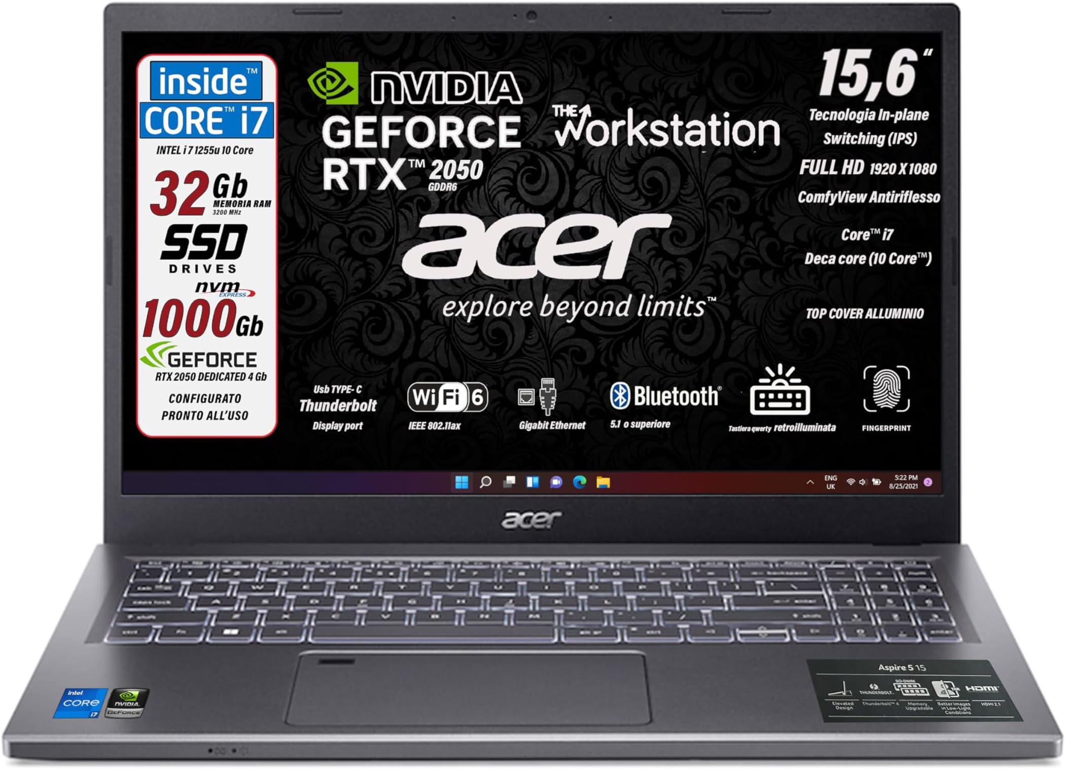 HP 250 G10, Pc portatile notebook, Intel Core i7 1355u, 10 cORe, Ram 24Gb, SSD Pci 512 Gb, Display 15.6 Full HD, Win 11, portatile pronto all'uso, Include Cybersaver 24 mesi, garanzia