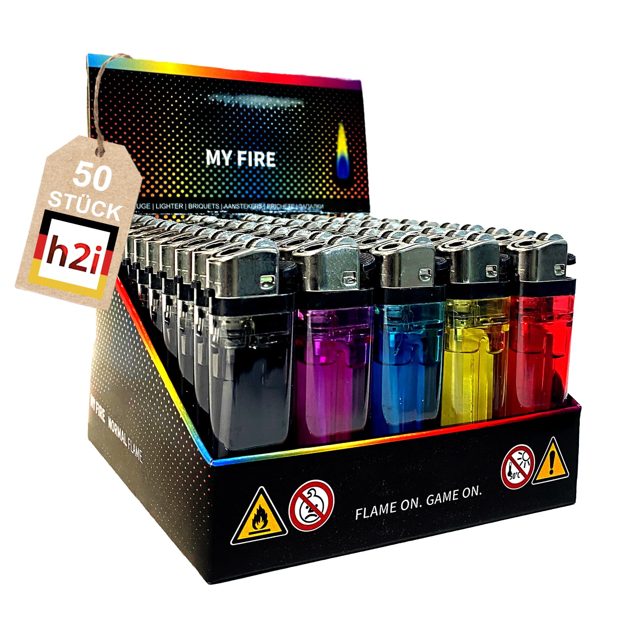 h2i Feuerzeug mit Reibrad | 50 Stück |transparentes Einwegfeuerzeug in 5 Farben | Ergonomisches Design & stufenlose regulierbare Flamme | Zuverlässige Zündung im Alltag