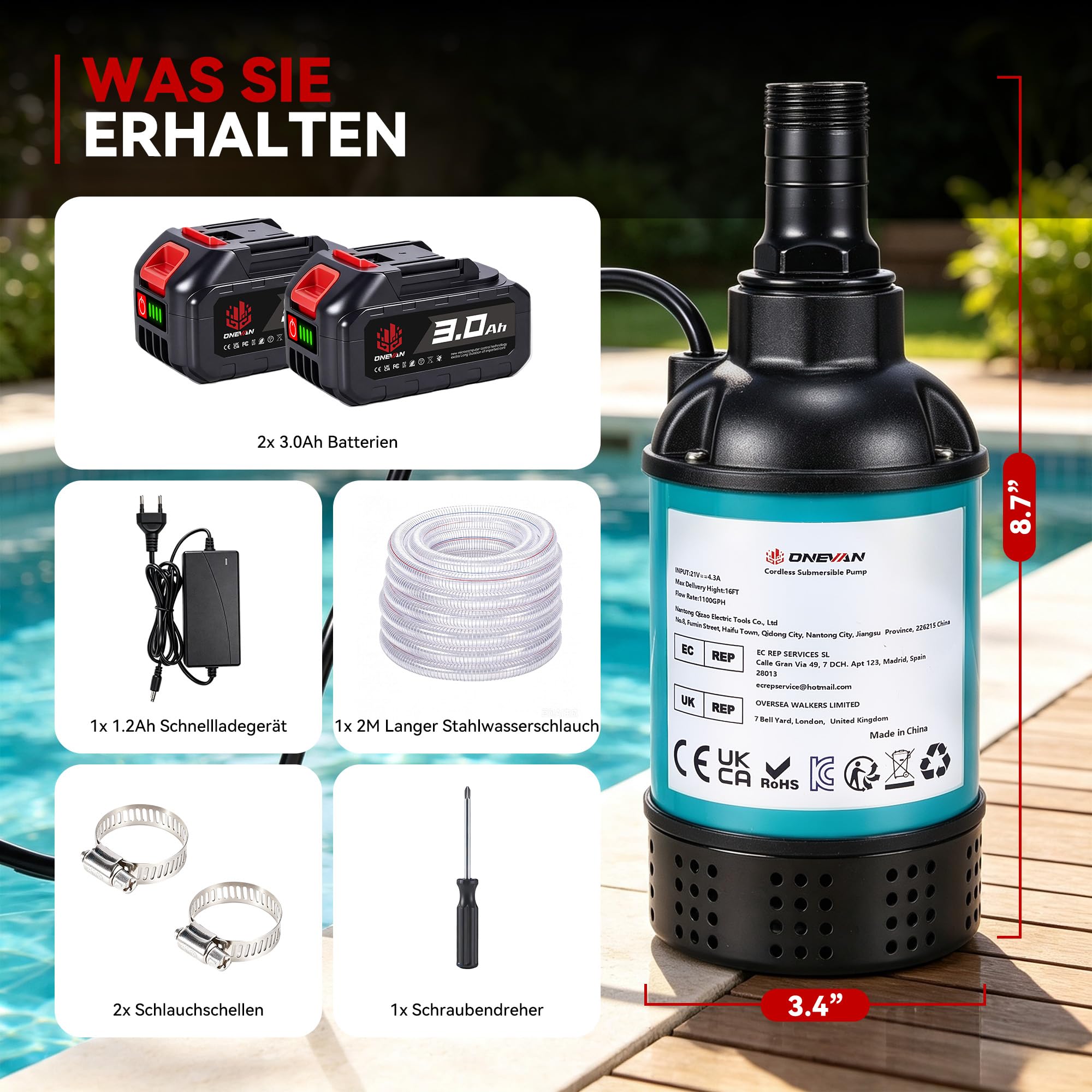 ONEVAN 4164L/H Bomba de agua sumergible 2x3.0Ah batería y manguera 2m para | 60 minutos autonomía, vacía una bañera de 1100 litros en 16 minutos, motor sin escobillas, para piscinas, jardines y jacuzzis