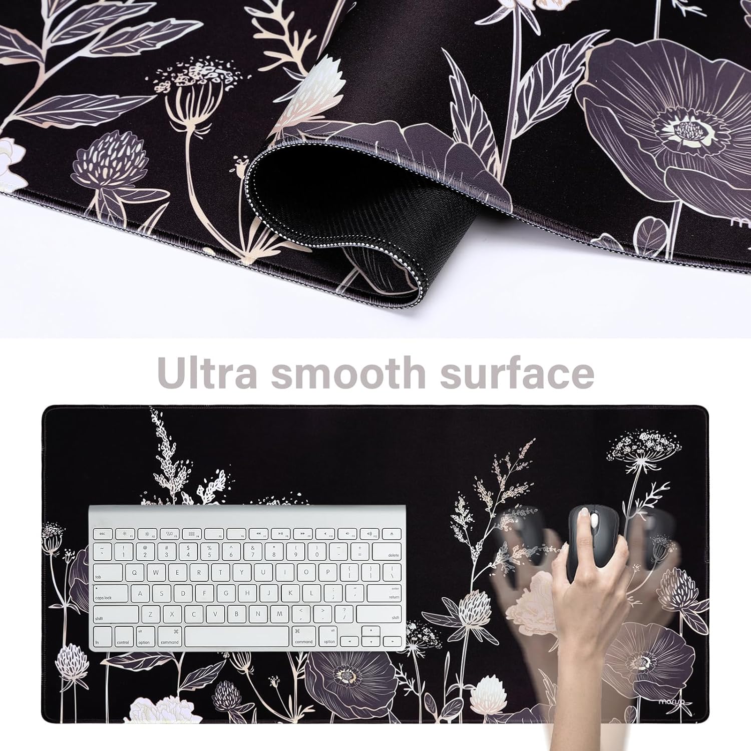 MOSISO Keyboard Mouse Pad Set, Large Gaming Mouse Pad&Keyboard Wrist Rest&Mouse Wrist Rest&Coaster, Ergonomic Non-Slip Retro Flower Floral Mousepad with Raised Memory Foam for Home Office, Black - Image 3