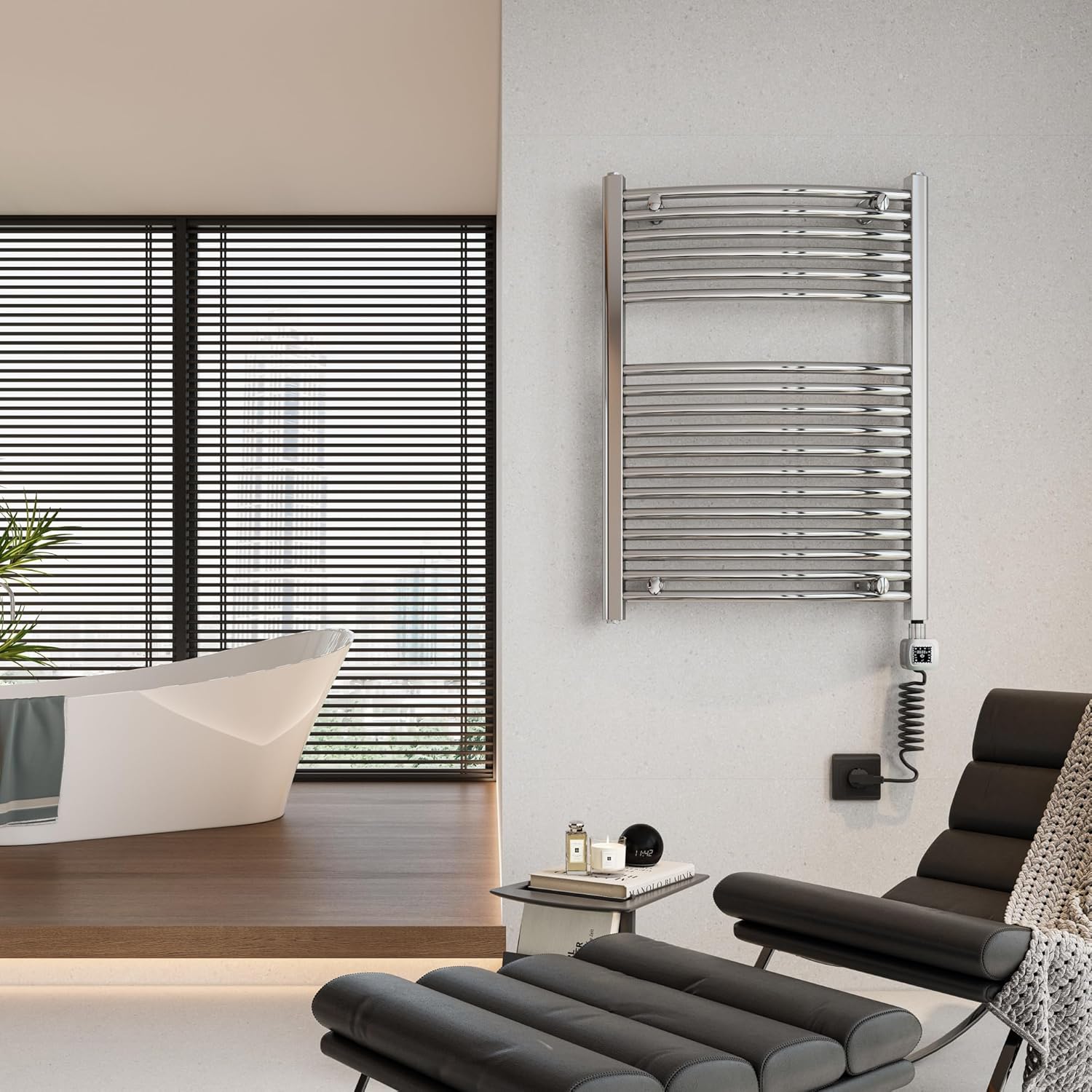 HEATGENE Smart Towel Warmer with Timer and Temperature Control, Plug-in/Hardwired Towel Rails Heater Large Smart Liquid Filled Towel Rails, Compatible with Alexa and Google Home, Chrome