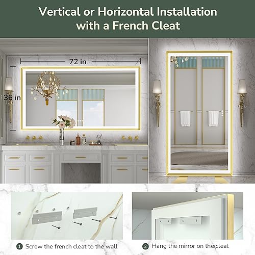 Miniatura 7 de TokeShimi Espejo de pared de baño iluminado con marco dorado de 72 x 36 pulgadas con luces delanteras y retroiluminadas para tocador, aleación de