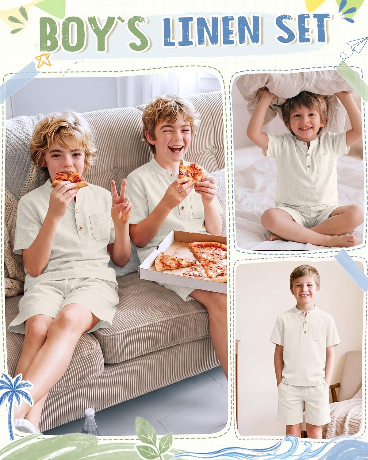 Halfchet Boys' 2 Pieces Linen Set Henley Short Sleeve Button Down Shirt and Shorts Summer Beach Vacation Outfits with Pocket