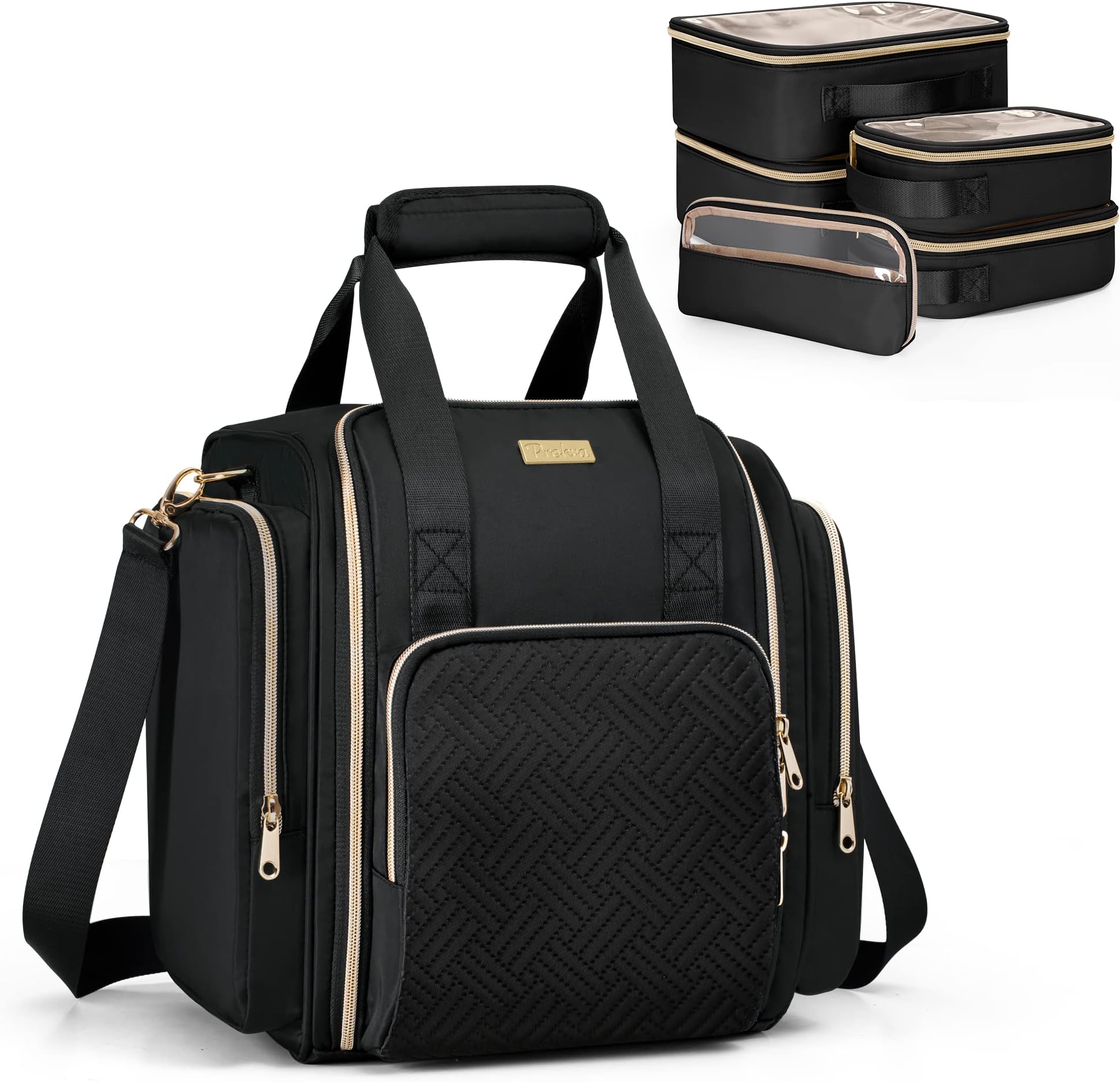 Prokva Travel Makeup Bag with 5 Removable Cases, Large Cosmetic Case Make up Organizer with Strap and Multiple Storage Pockets, Black (Patented Design)