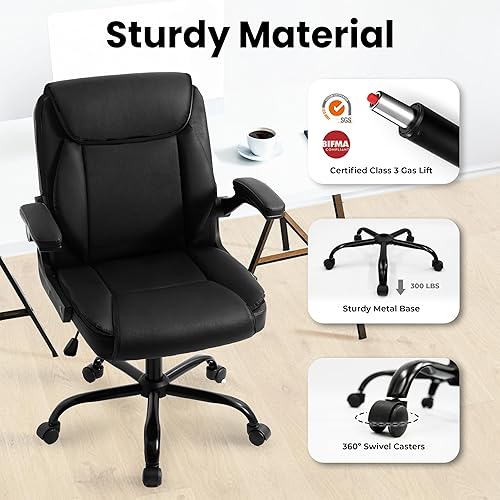 Miniatura 8 de NEO CHAIR Silla de oficina para computadora, ergonómica, ejecutiva, de cuero con respaldo medio, reposabrazos abatibles, ruedas giratorias para