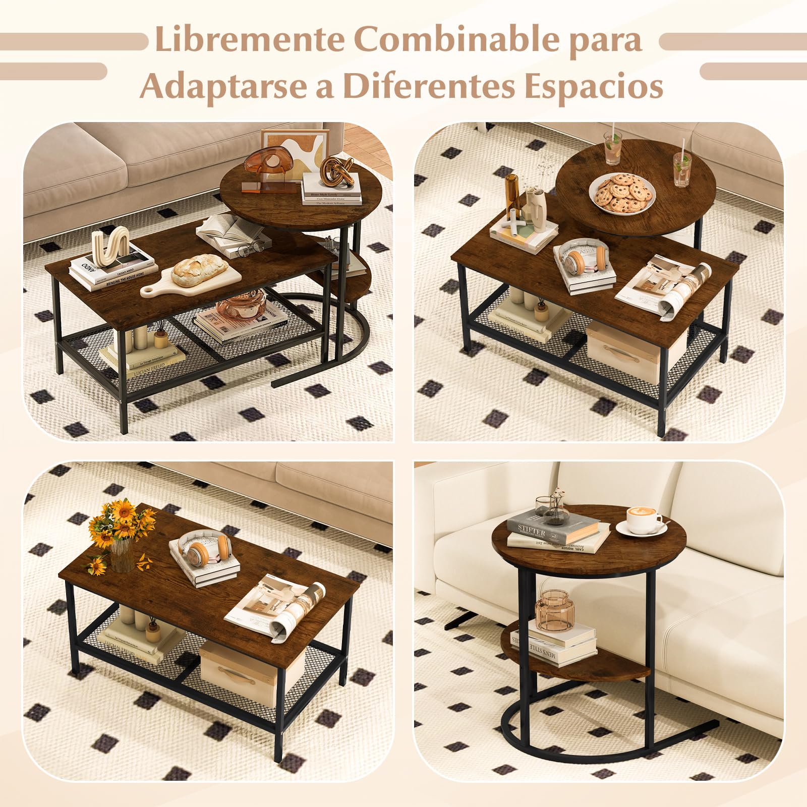 COSTWAY Juego de Mesa de Café 2 en 1, Mesa Redonda y Juego de Mesita Rectangular con Tapa de Mármol Sintético y Estante de Almacenamiento Adicional, para Sala de Estar, Dormitorio (Negro y Marrón)