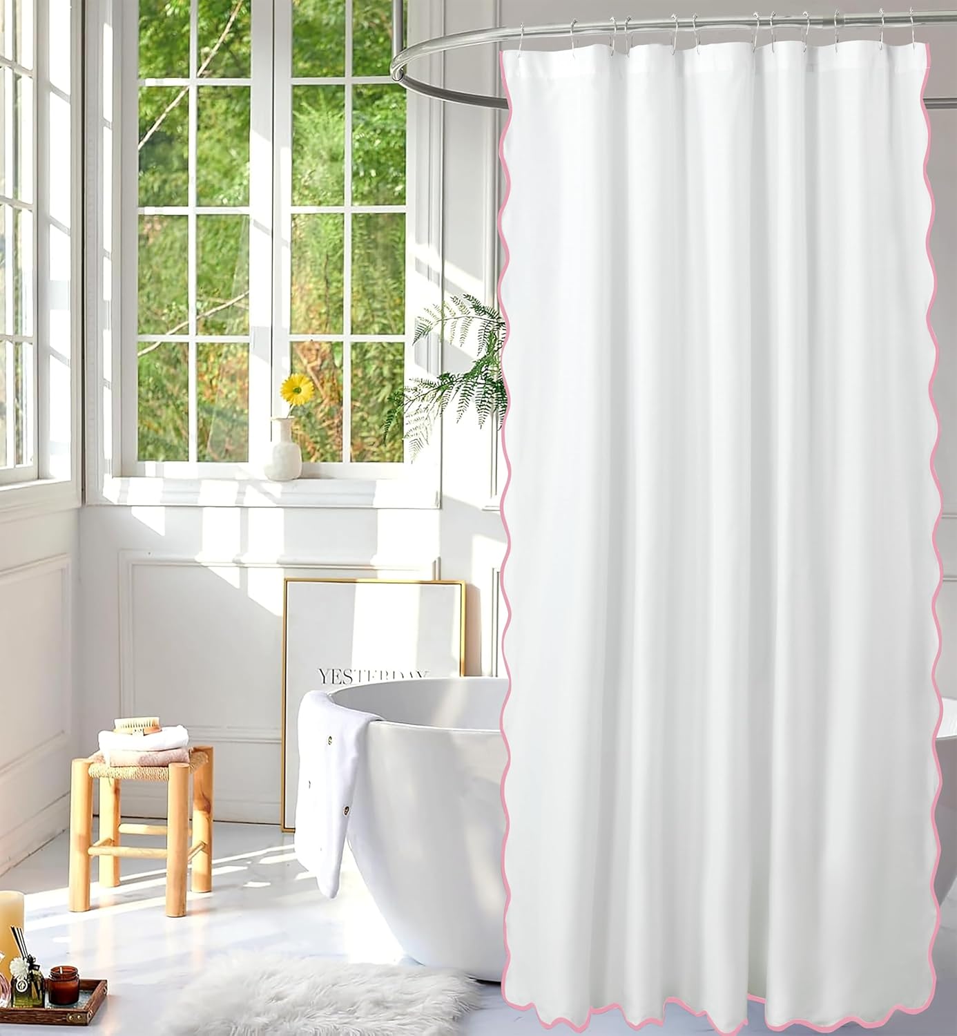 HIG Chic Scallop Edge Shower Curtain – Modern Decorative Coastal Bathroom Curtain for Home Decor, White and Pink Elegant Minimalist Textured Cloth Bath Curtain, 72x72 Inch