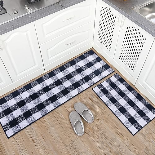 Miniatura 2 de Carvapet Juego de 2 tapetes de microfibra antideslizante para cocina, tapete de baño a cuadros para lavandería (20 x 63 + 20 x 31 pulgadas, azul