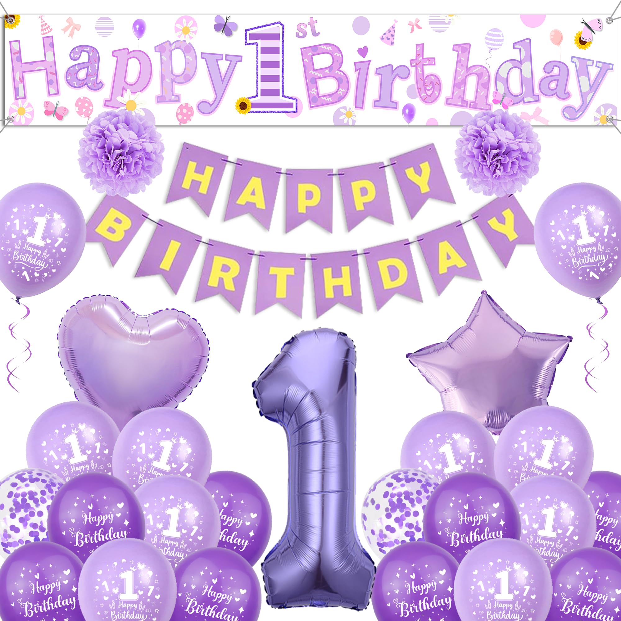 Sheeshee 1st Birthday Decorations Girls - Purple Large Happy 1st Birthday yard Banner, Stars Crowns Number 1 Foil Balloons and paper pompoms for 1 Year Olds Party