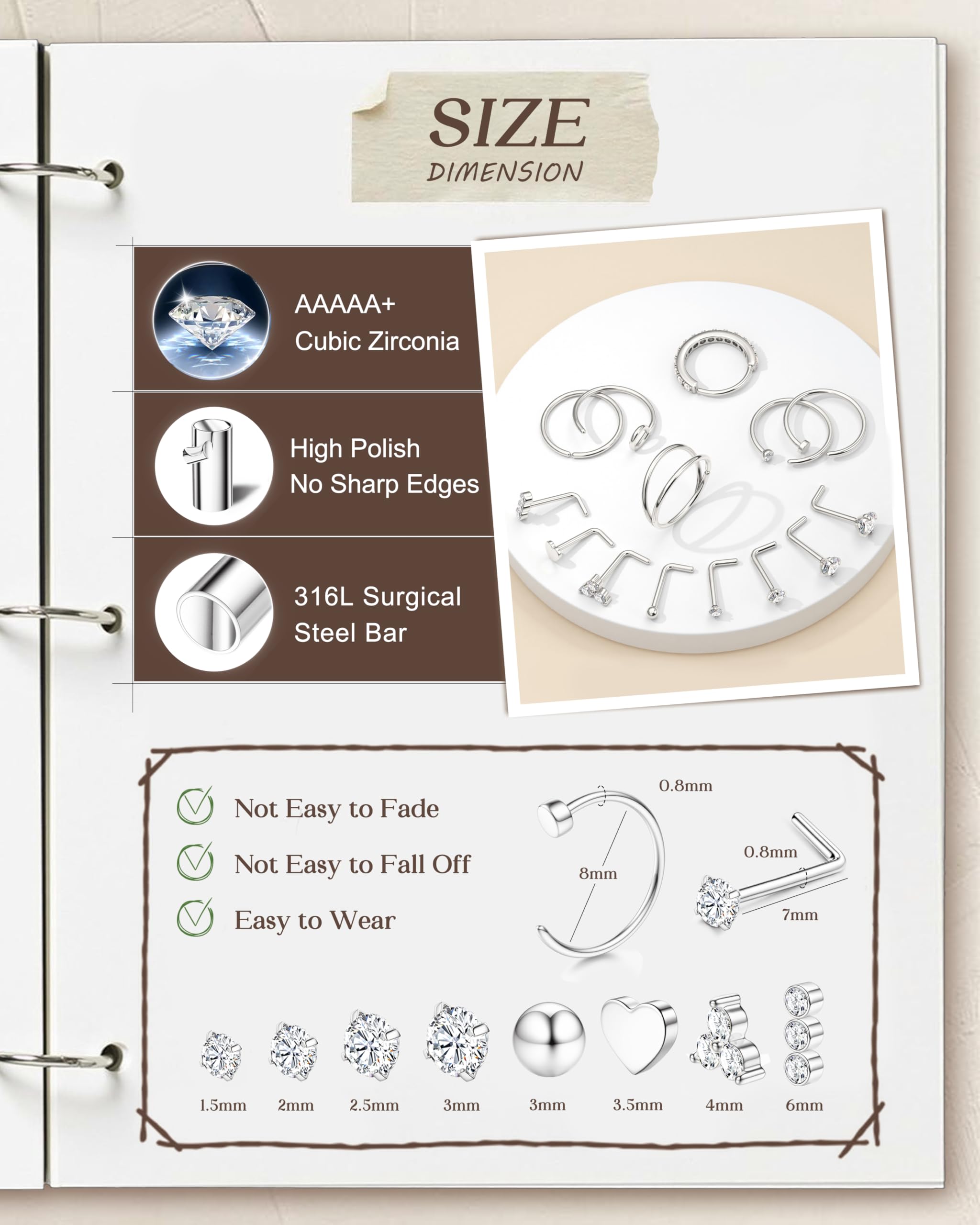 CASSIECA 14 Piezas Piercing Nariz Acero Quirúrgico Forma de L Hipoalergénico Anillos de Nariz Plata Oro Mujer Hombre