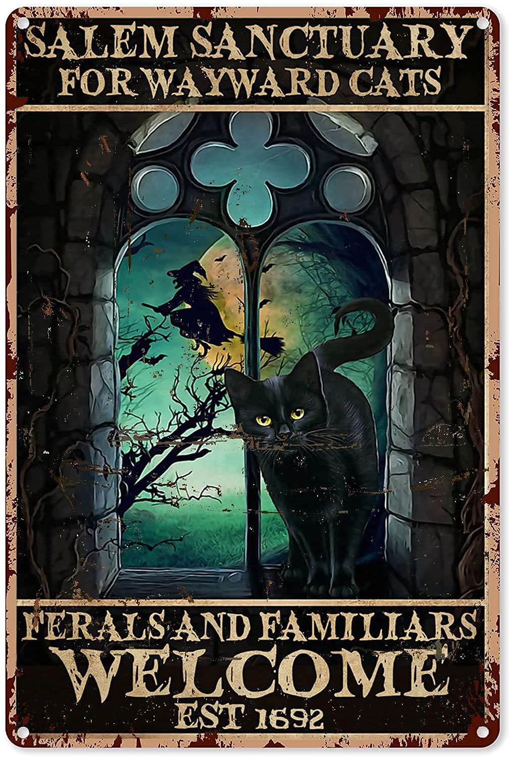 Gqwjksz Women's As Pic Witchy Gifts For Black Cat Lovers Salem Sanctuary For Wayward Cats Ferals Metal Sign Decor Tin Aluminum Sign Wall Art Metal Poster For Bedroom Home Party 8X12 Inch
