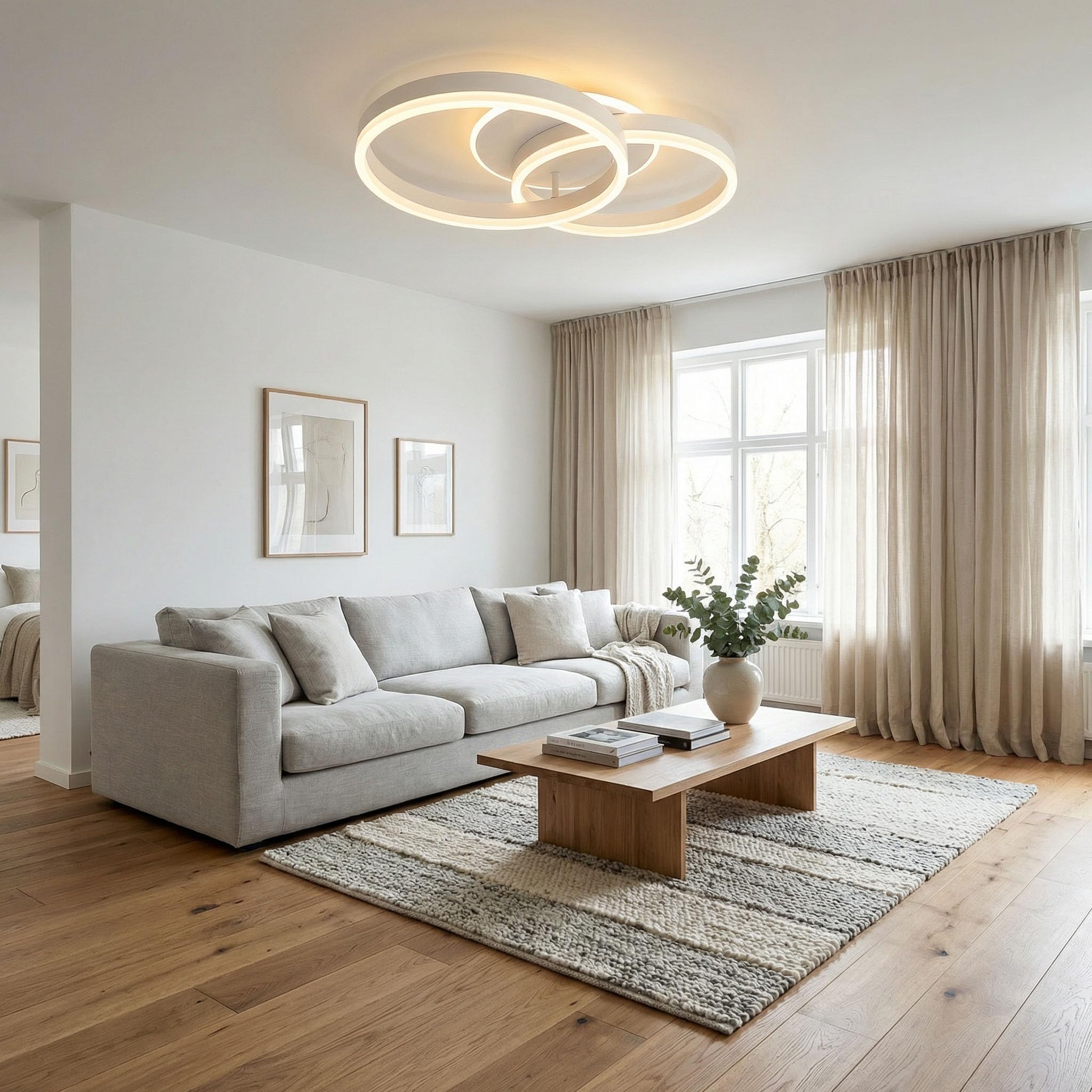 Plafón LED Moderno 2 Anillos 36W 3000K Luz Cálida, Sin Parpadeo, Material Acrílico, Iluminación para Salón, Dormitorio, Oficina, Ahorro de Energía 50CM